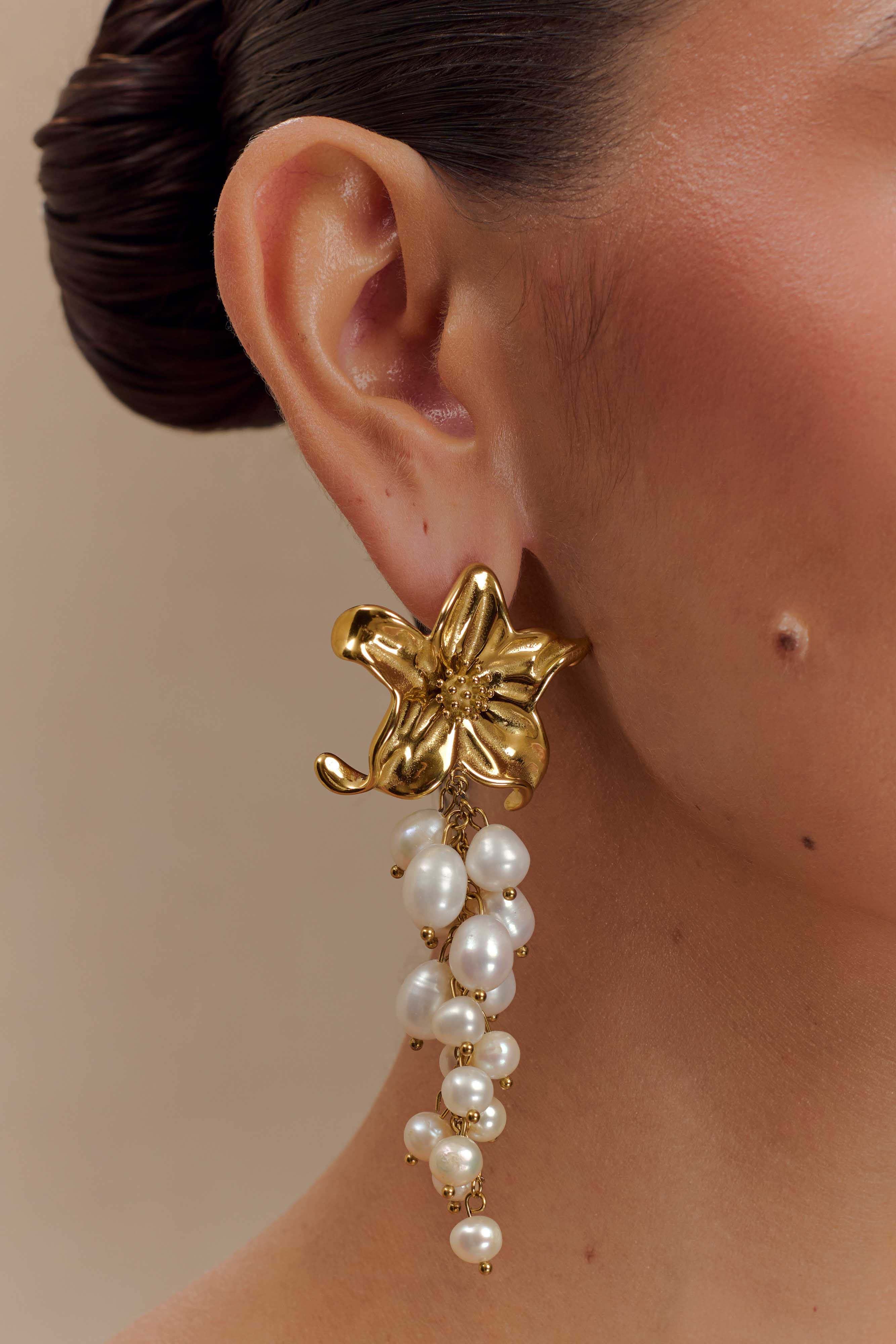 Freshwater Pearl Earrings with Floral Design & Gold Accents | Eva
