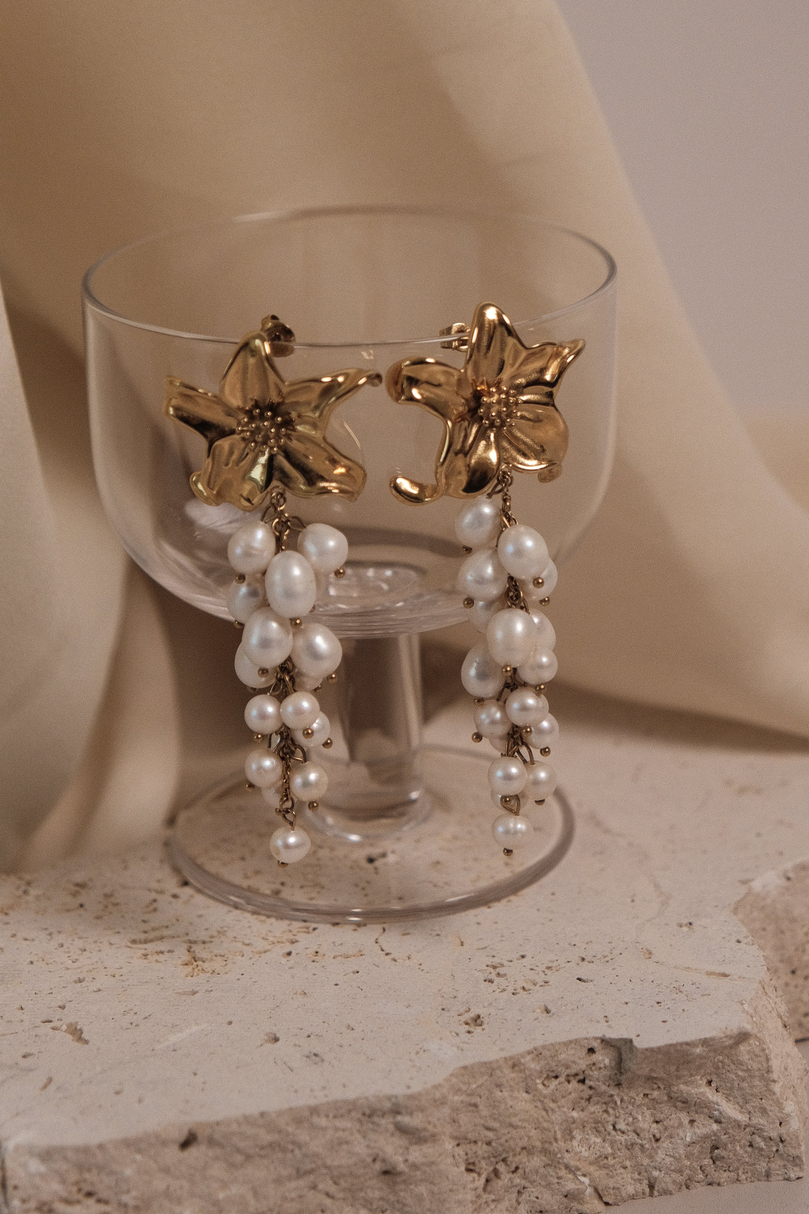 Freshwater Pearl Earrings with Floral Design & Gold Accents | Eva