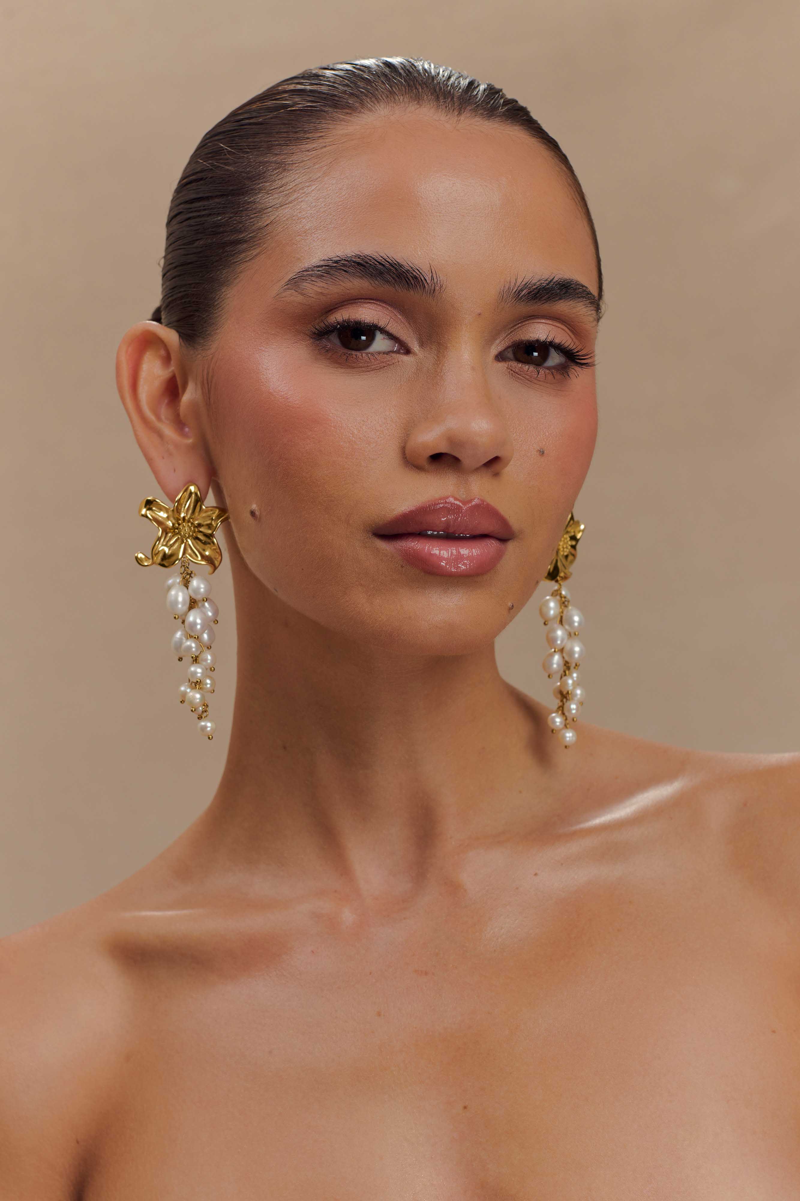 Freshwater Pearl Earrings with Floral Design & Gold Accents | Eva