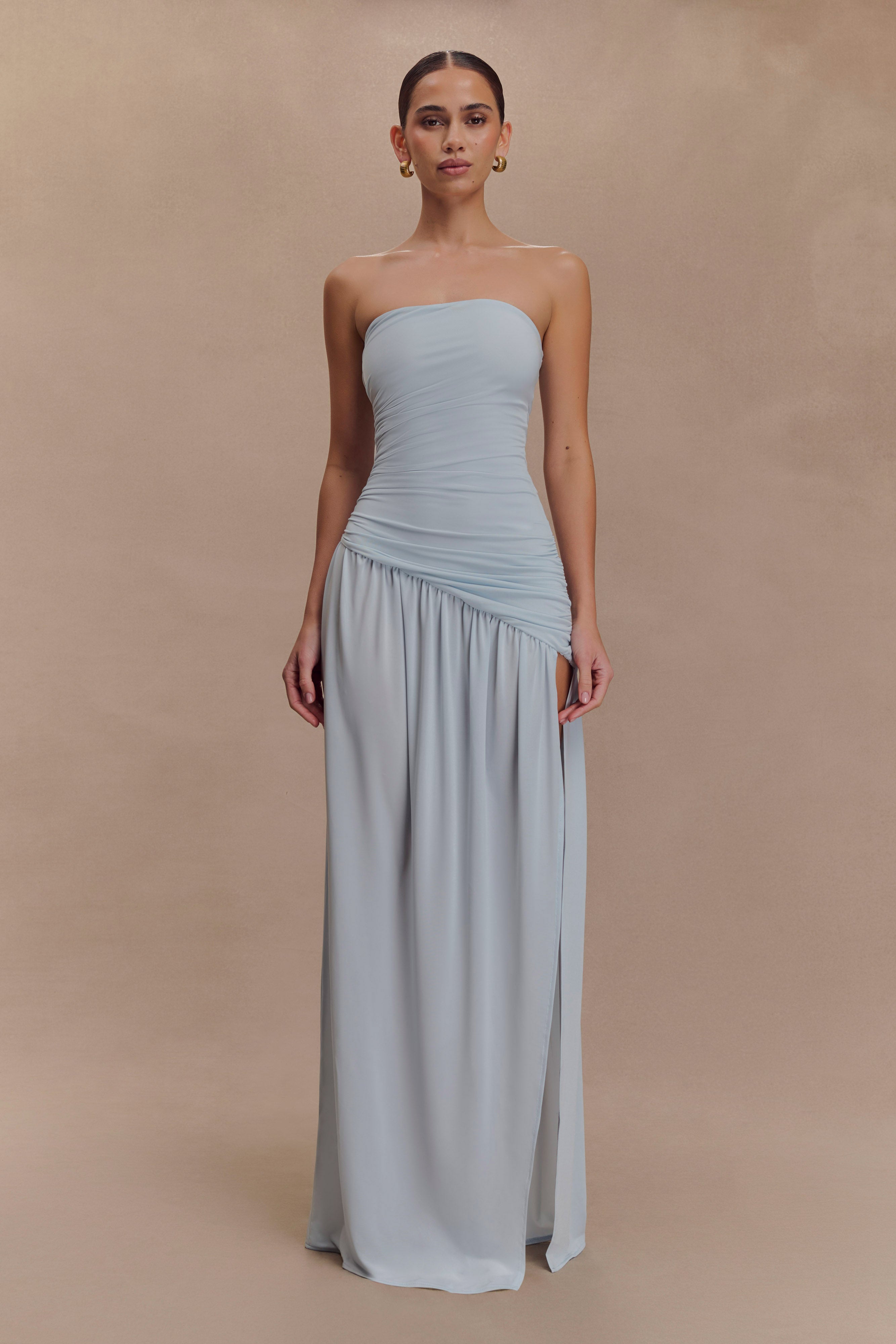 Strapless Maxi Dress with Side Split & Ruched Bodice | Bex
