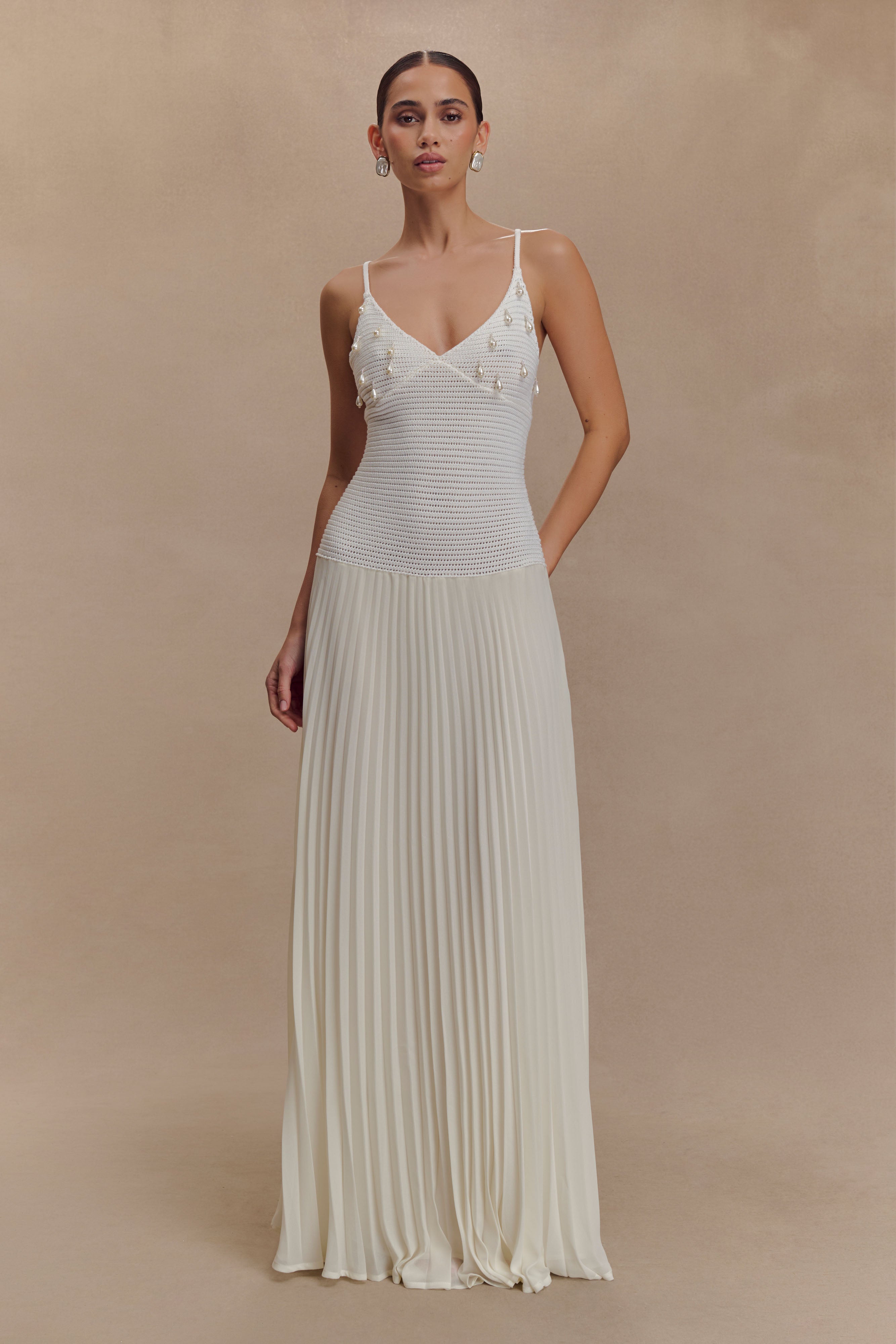 White Crochet Pearl Maxi Dress with Chiffon Skirt | Catherine