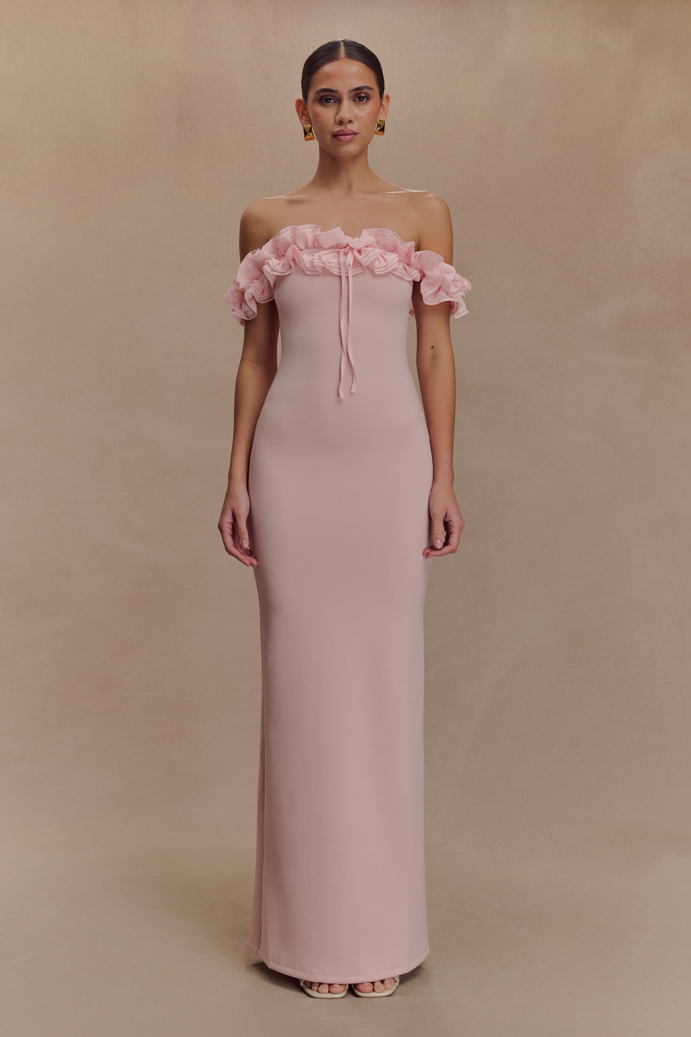 Off Shoulder Maxi Dress with Ruffle Detail & Bodycon Fit | Nova