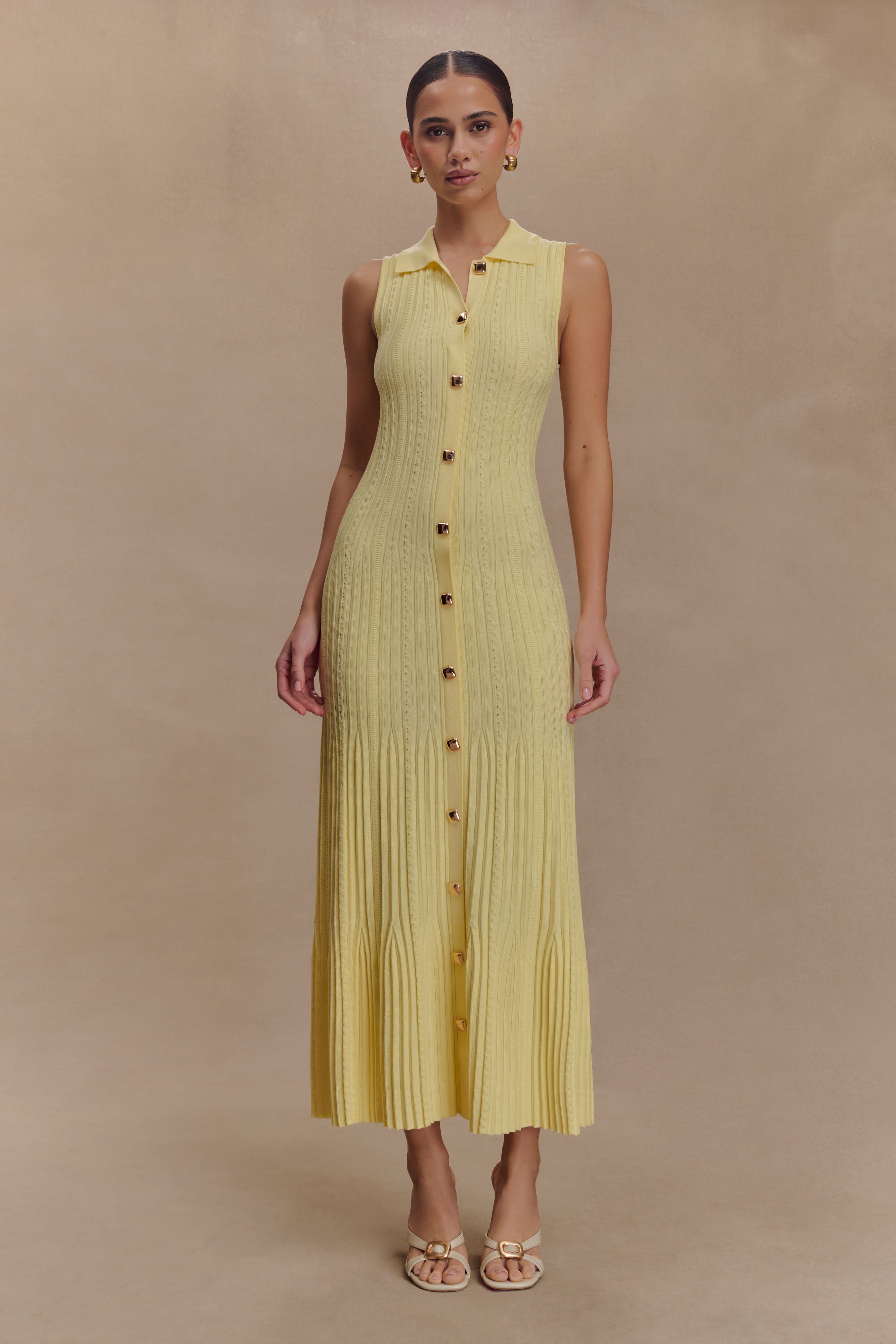 Sleeveless Knit Midi Dress with Collar & Button Front | Margie