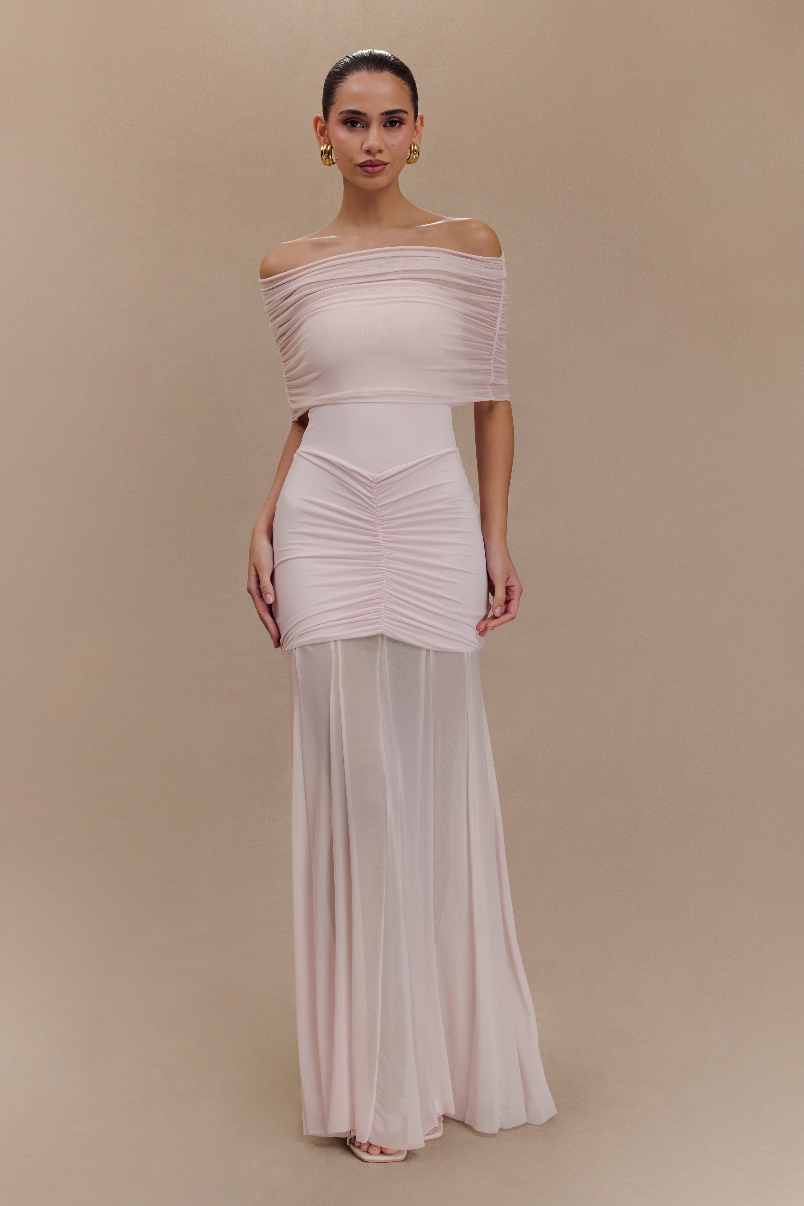 Off Shoulder Maxi Dress with Mesh Overlay & Ruching | Caspian