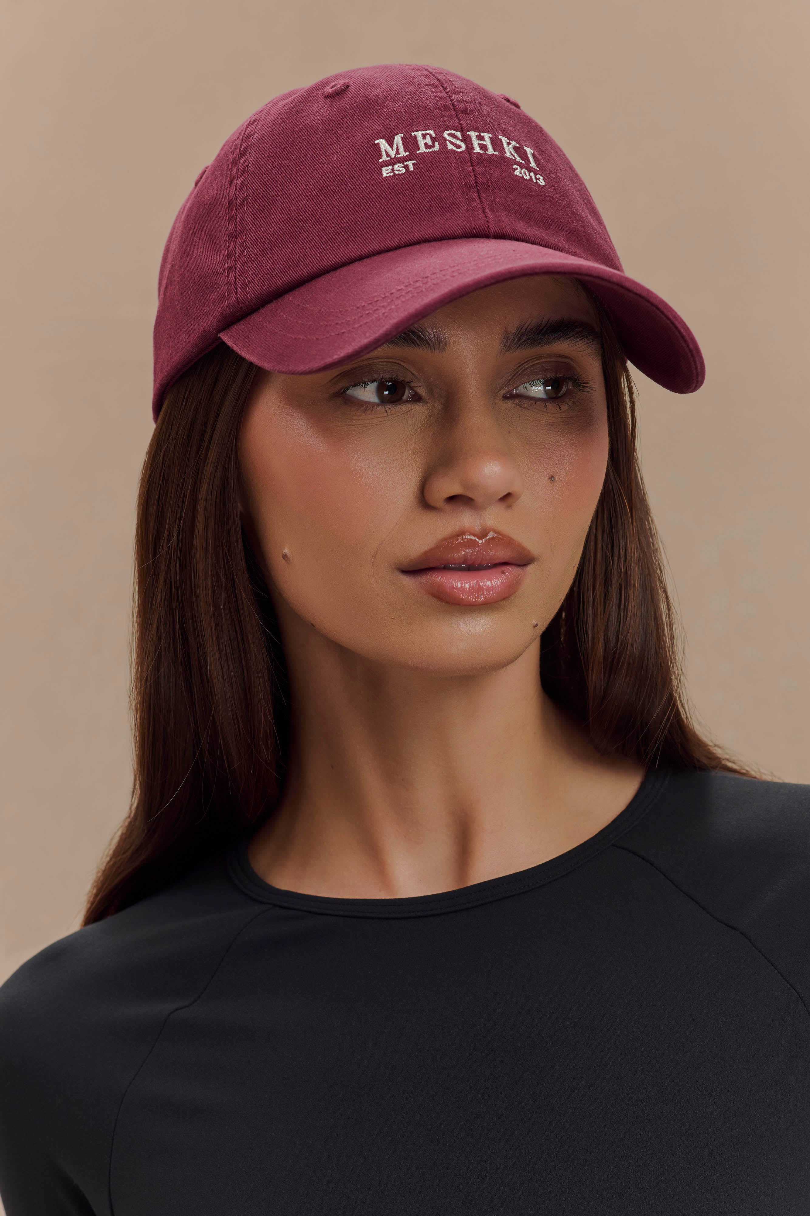 Burgundy Baseball Cap with Adjustable Strap & Embroidered Logo | MESHKI