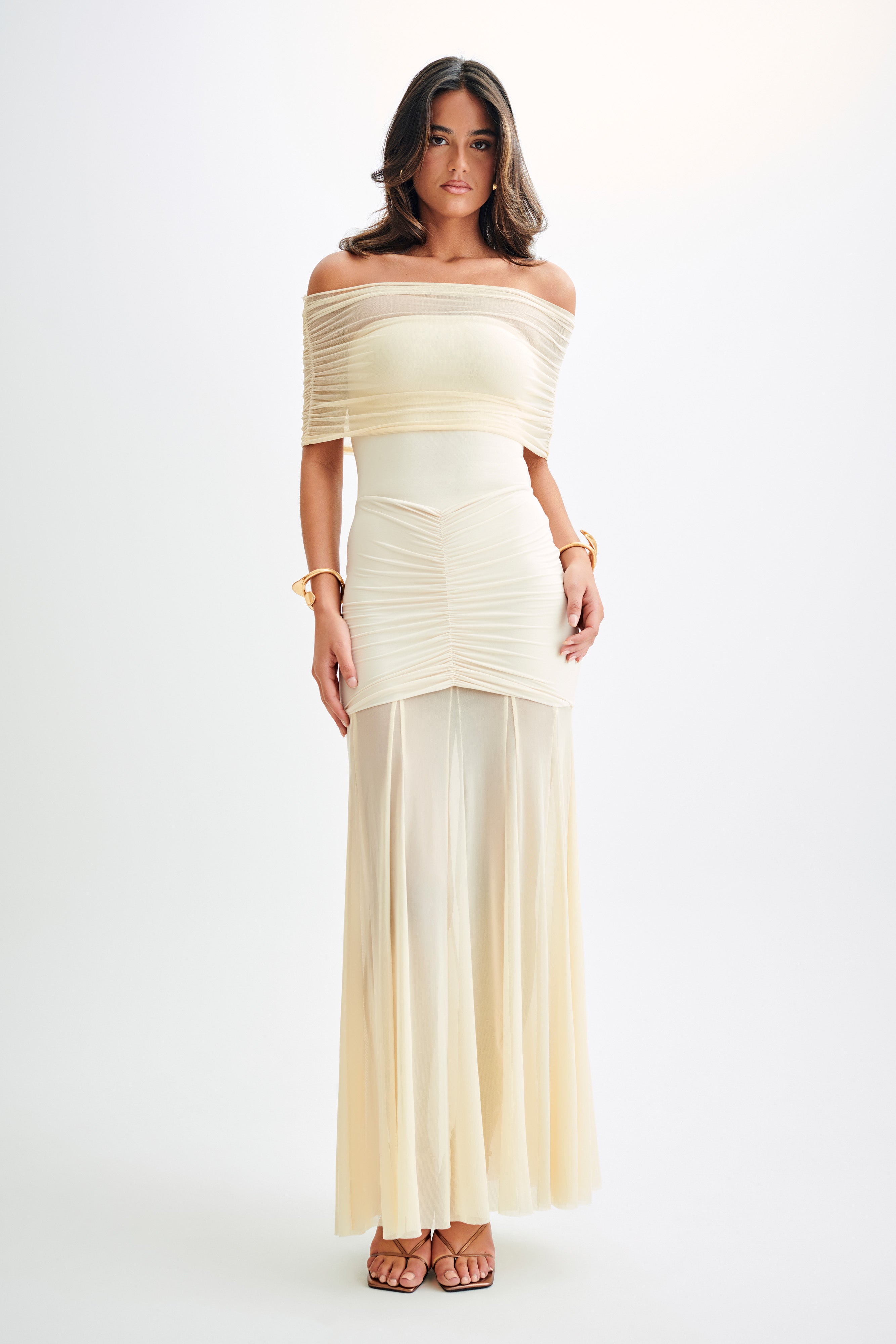 Off Shoulder Maxi Dress with Mesh Overlay & Ruching | Caspian Ivory