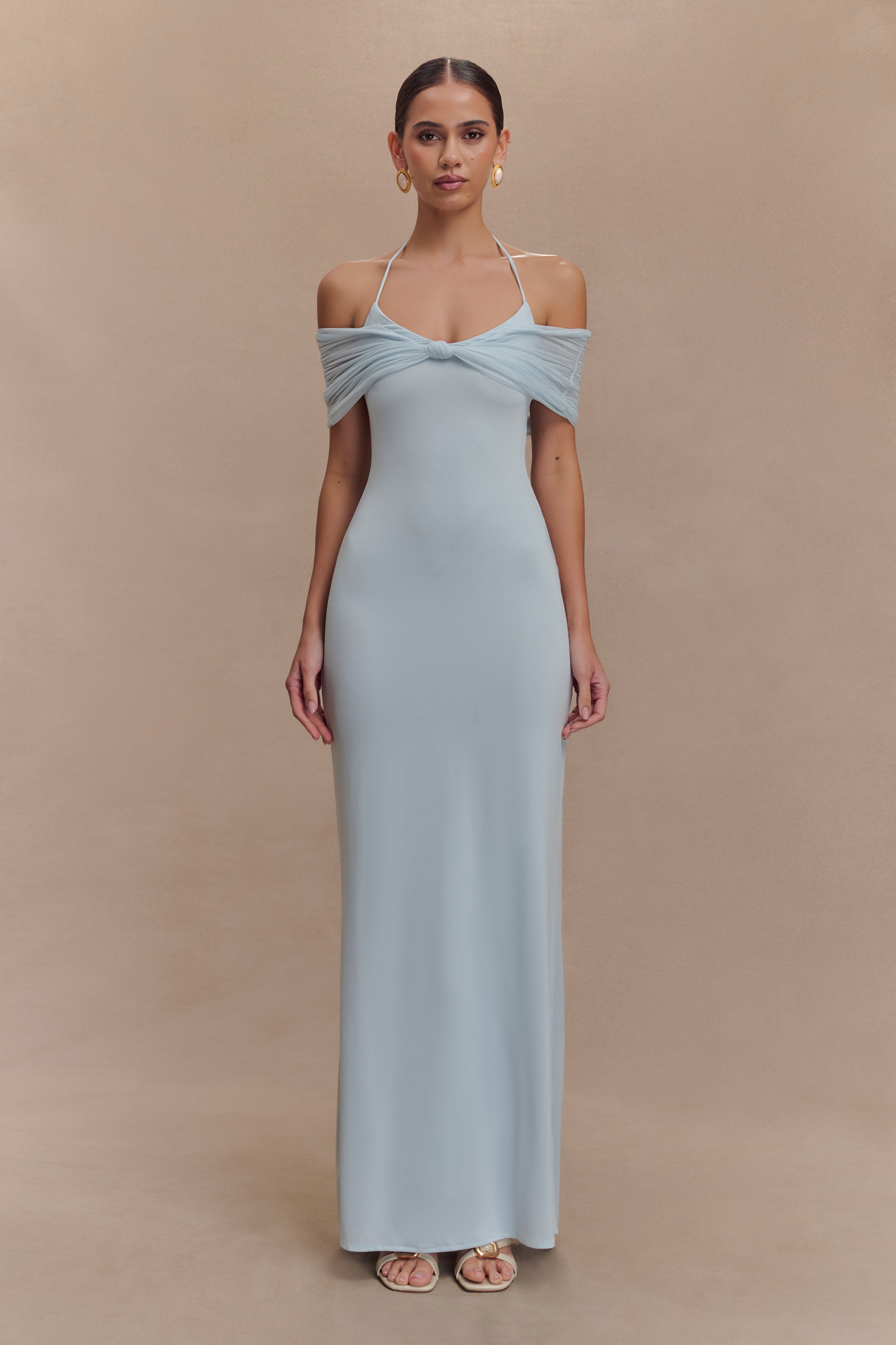 Pale Blue Mesh Halter Maxi Dress with Slinky Fit | Bernadina