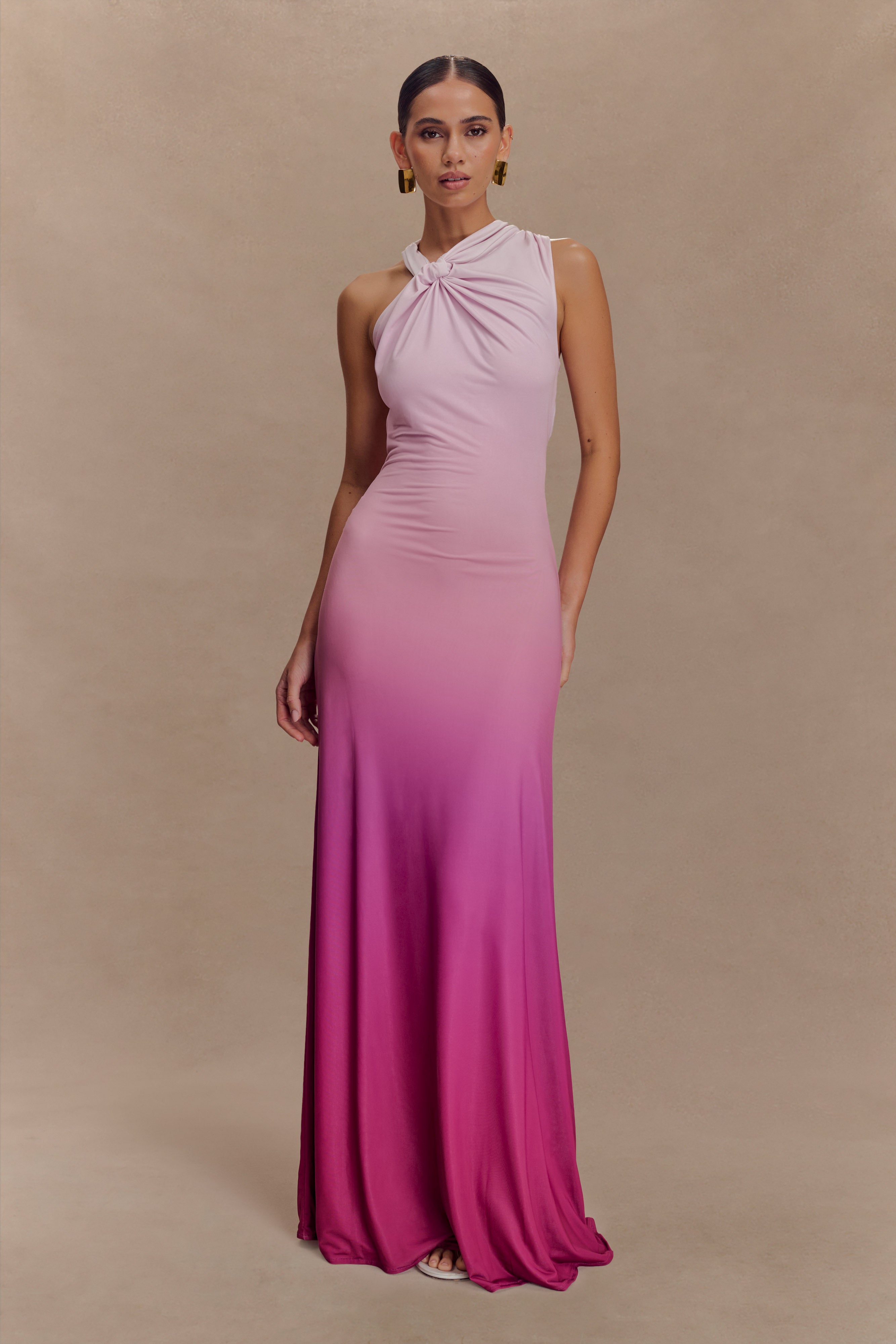 Asymmetrical Slinky Maxi Dress with Cowl Back | Marlee Ombre Pink