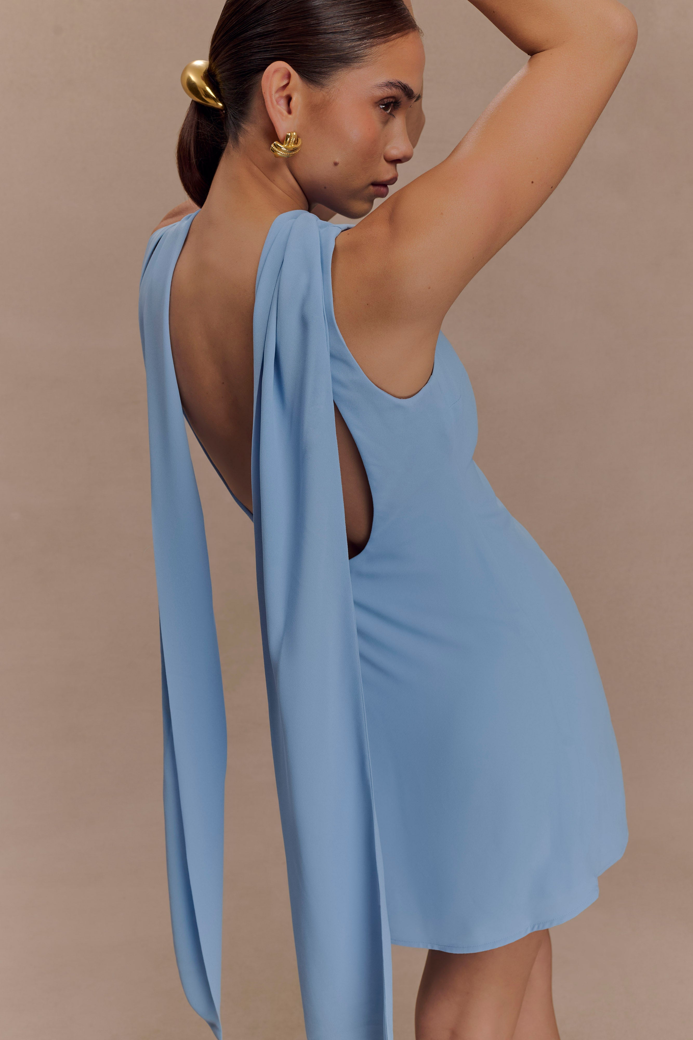 Scarf Draped Mini Dress with Low Back | Wynter Sky Blue