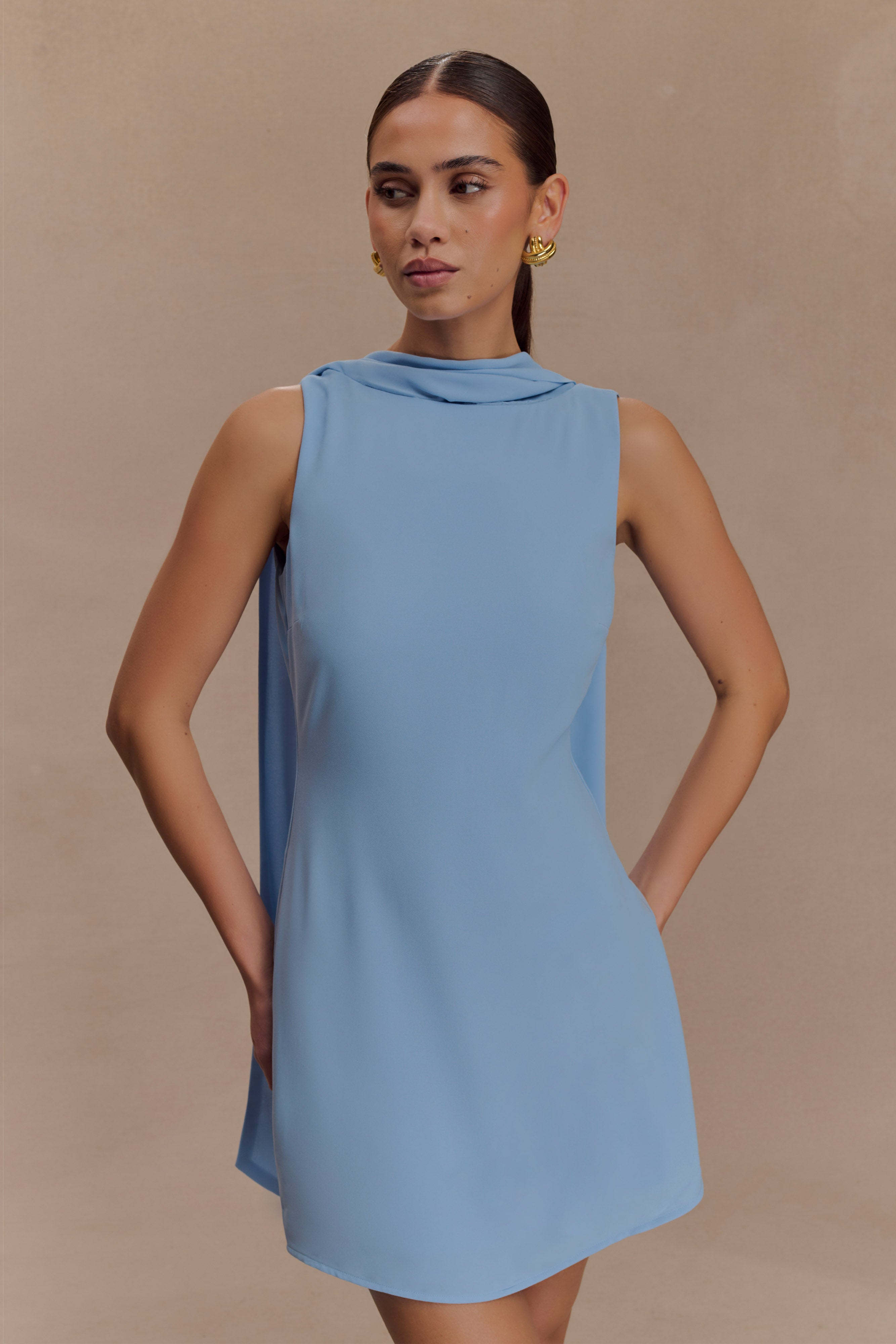Scarf Draped Mini Dress with Low Back | Wynter Sky Blue