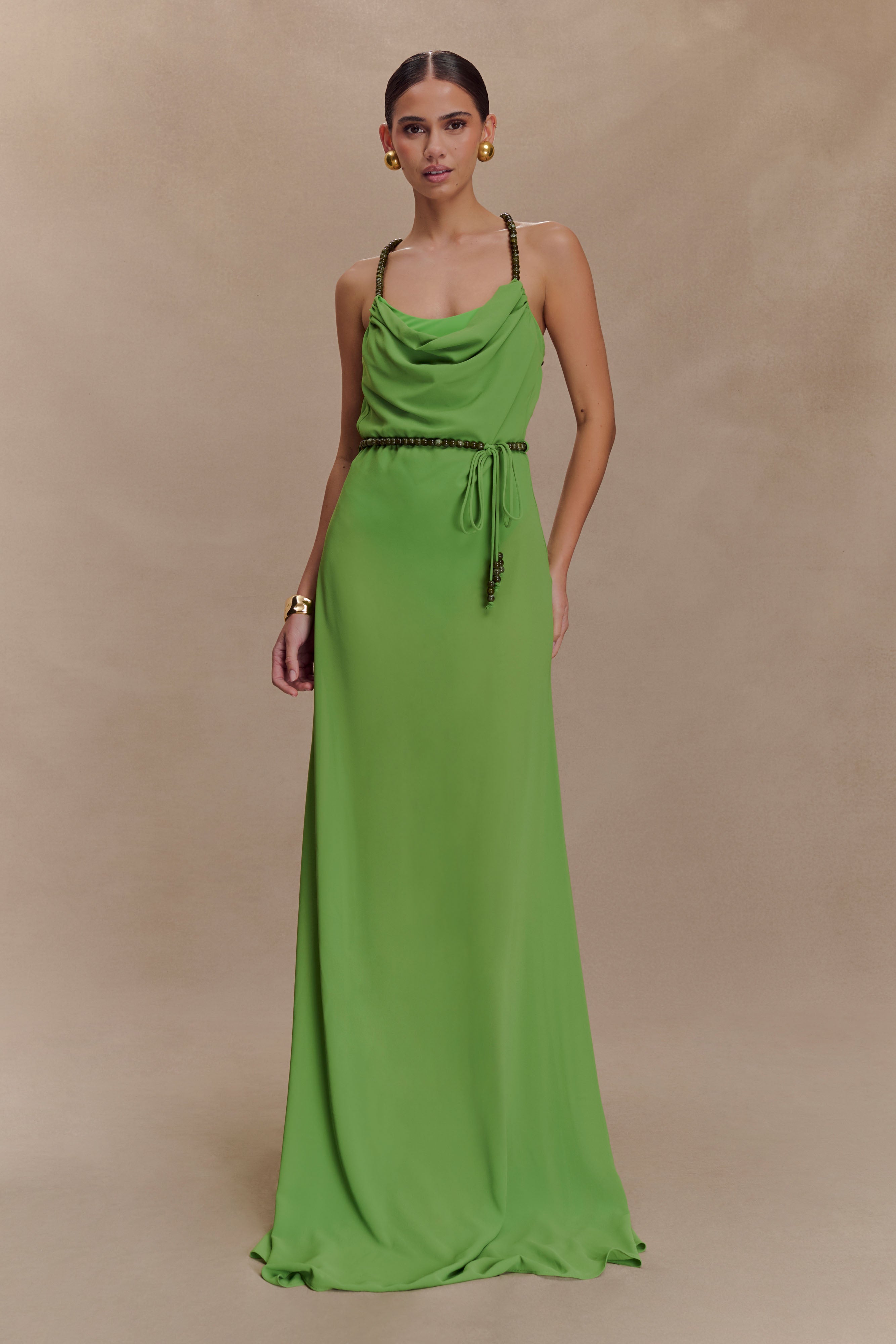 Chiffon Beaded Maxi Dress with Cowl Neckline | Elaine Green
