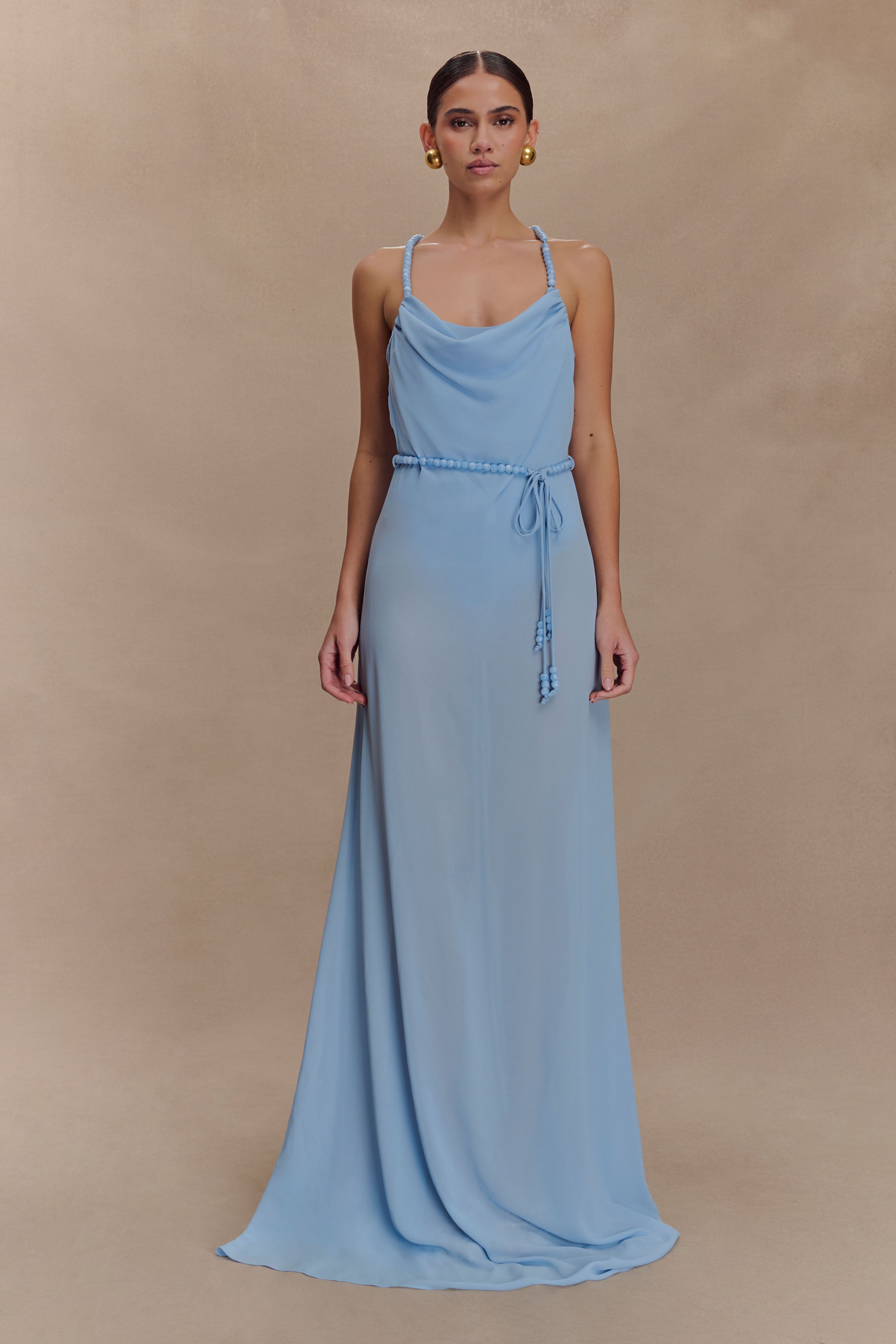 Chiffon Beaded Maxi Dress with Cowl Neck | Elaine Sky Blue