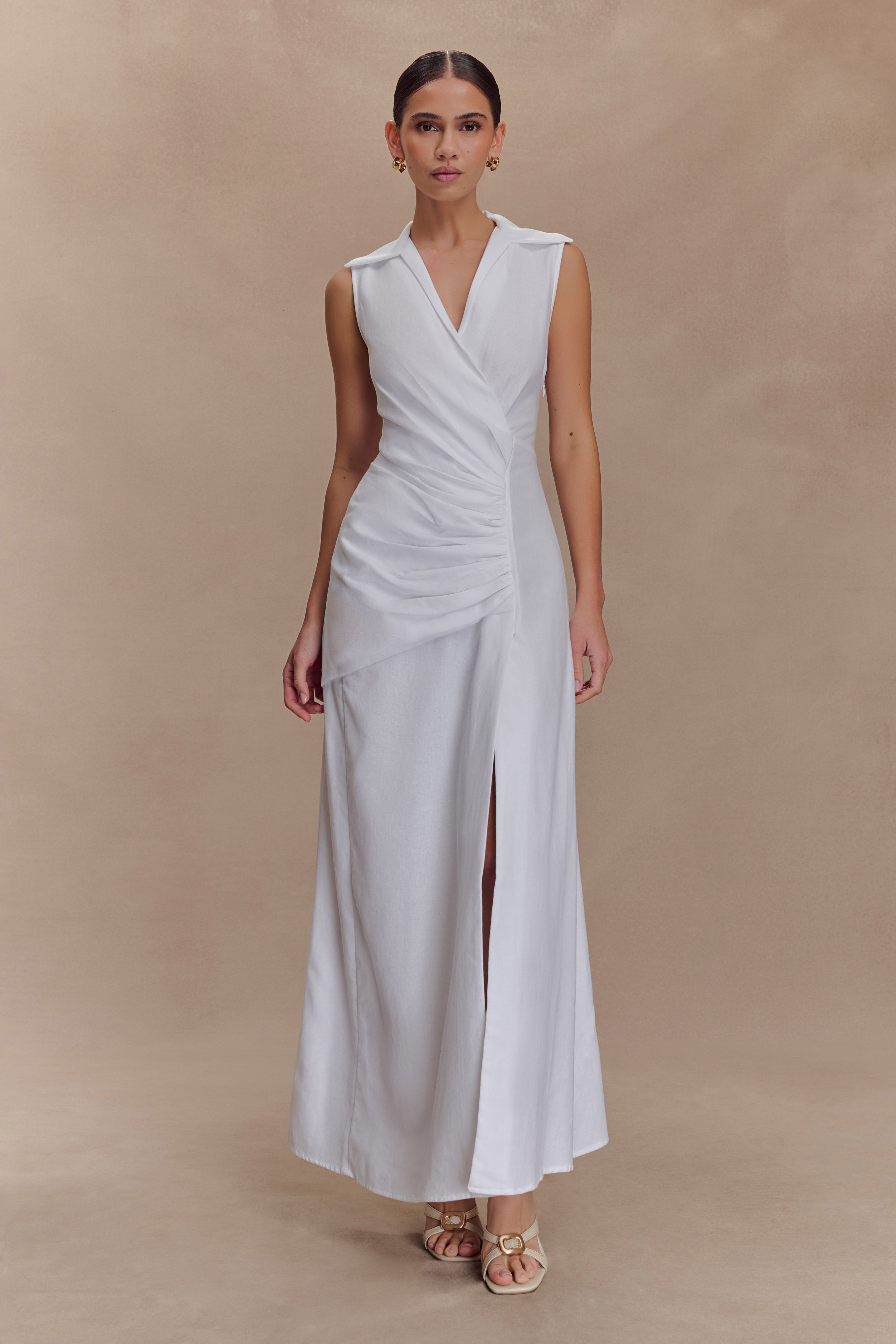 Ruched Linen Midi Dress with Wrap Front | Dante White