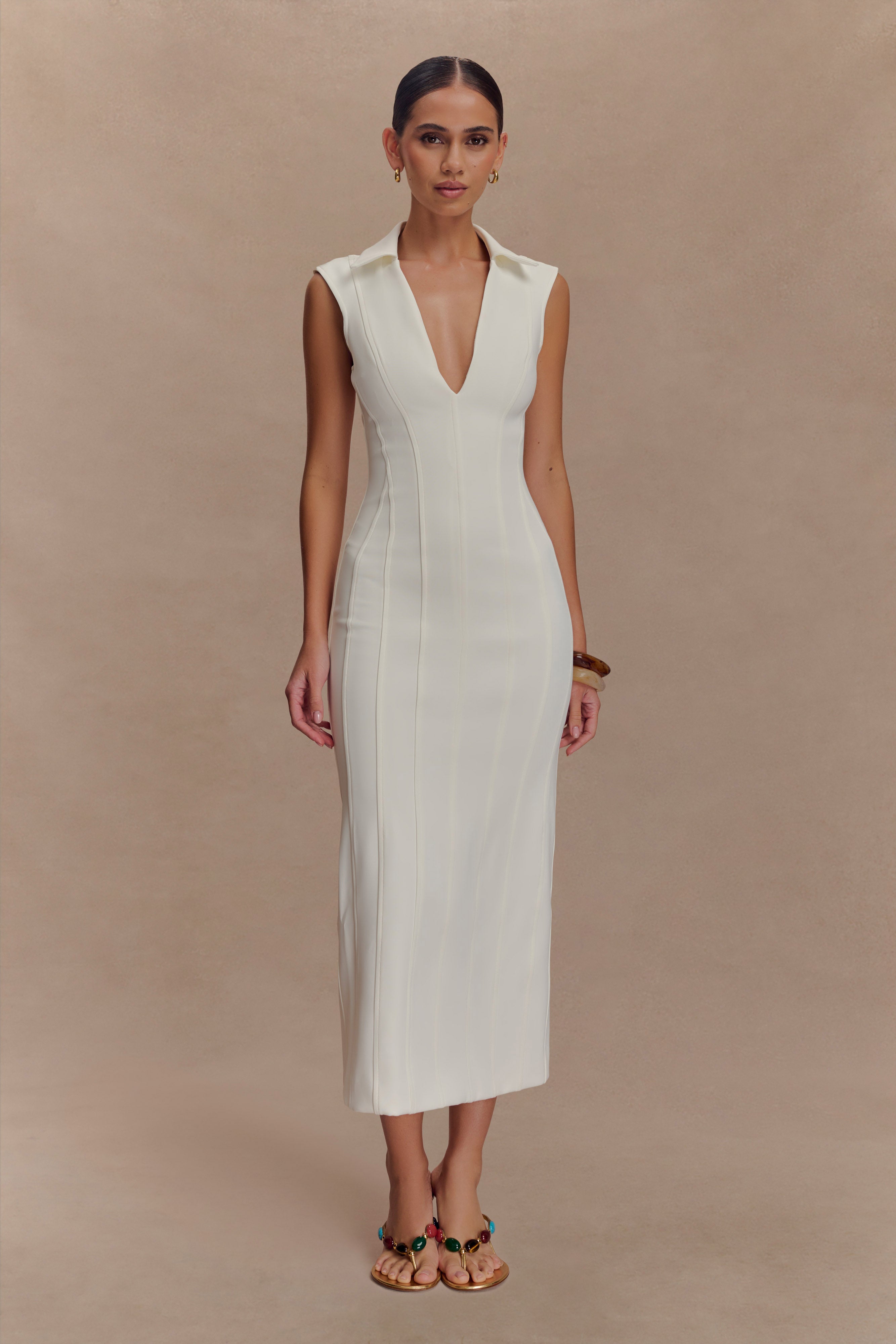 Elegant Sleeveless Midi Dress with V Neckline | Keagan Ivory
