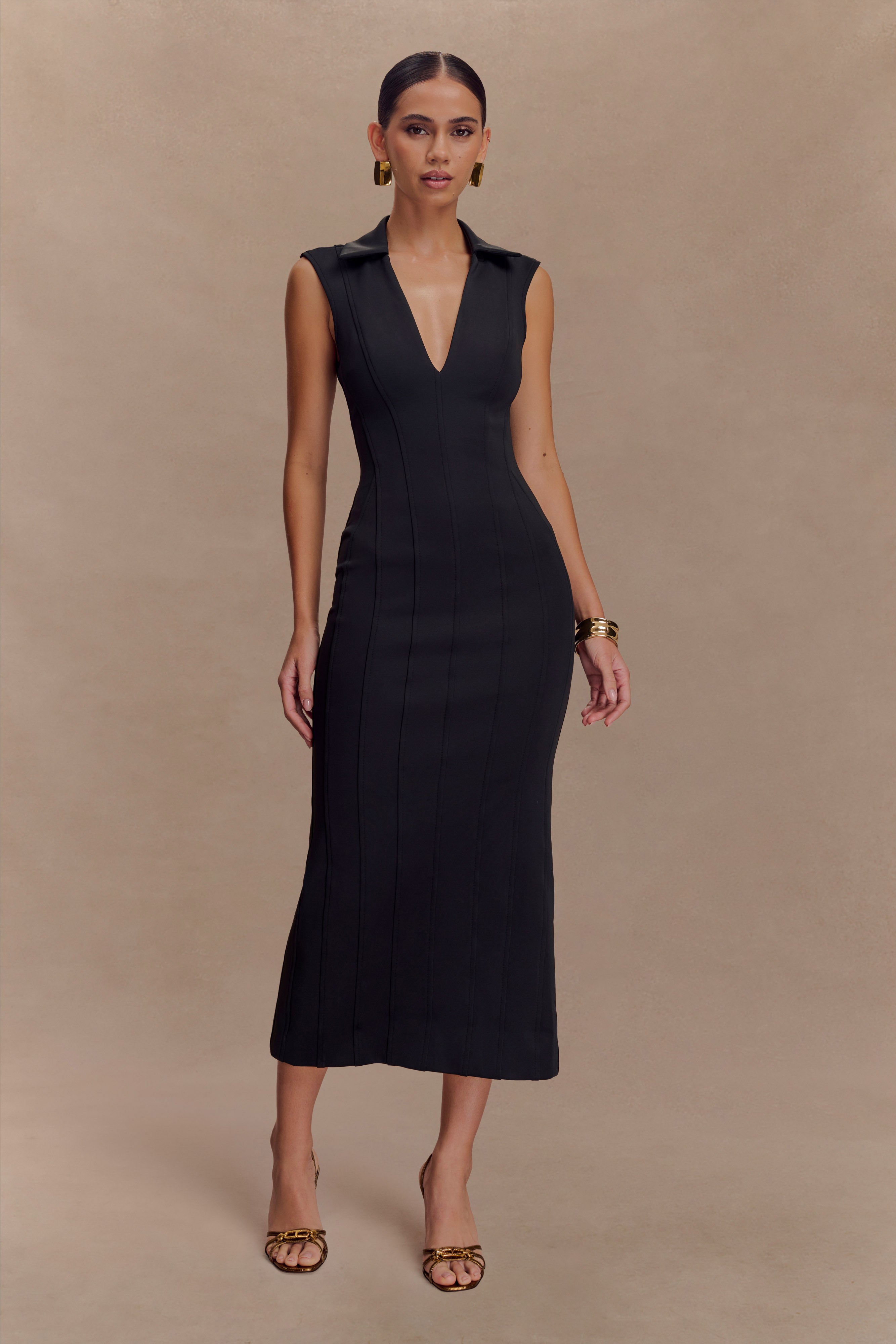 Sleeveless Midi Dress with V Neckline & Back Split | Keagan Black