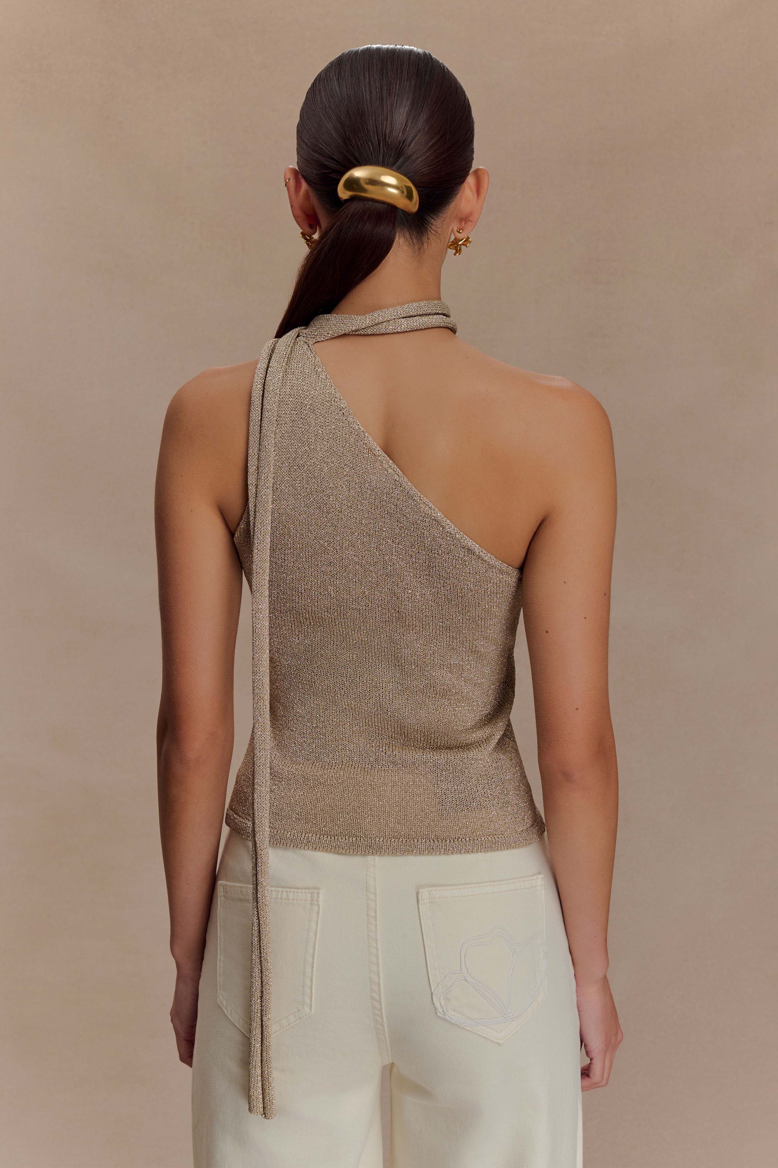 One Shoulder Metallic Knit Top with Floral Detail | Leone Gold