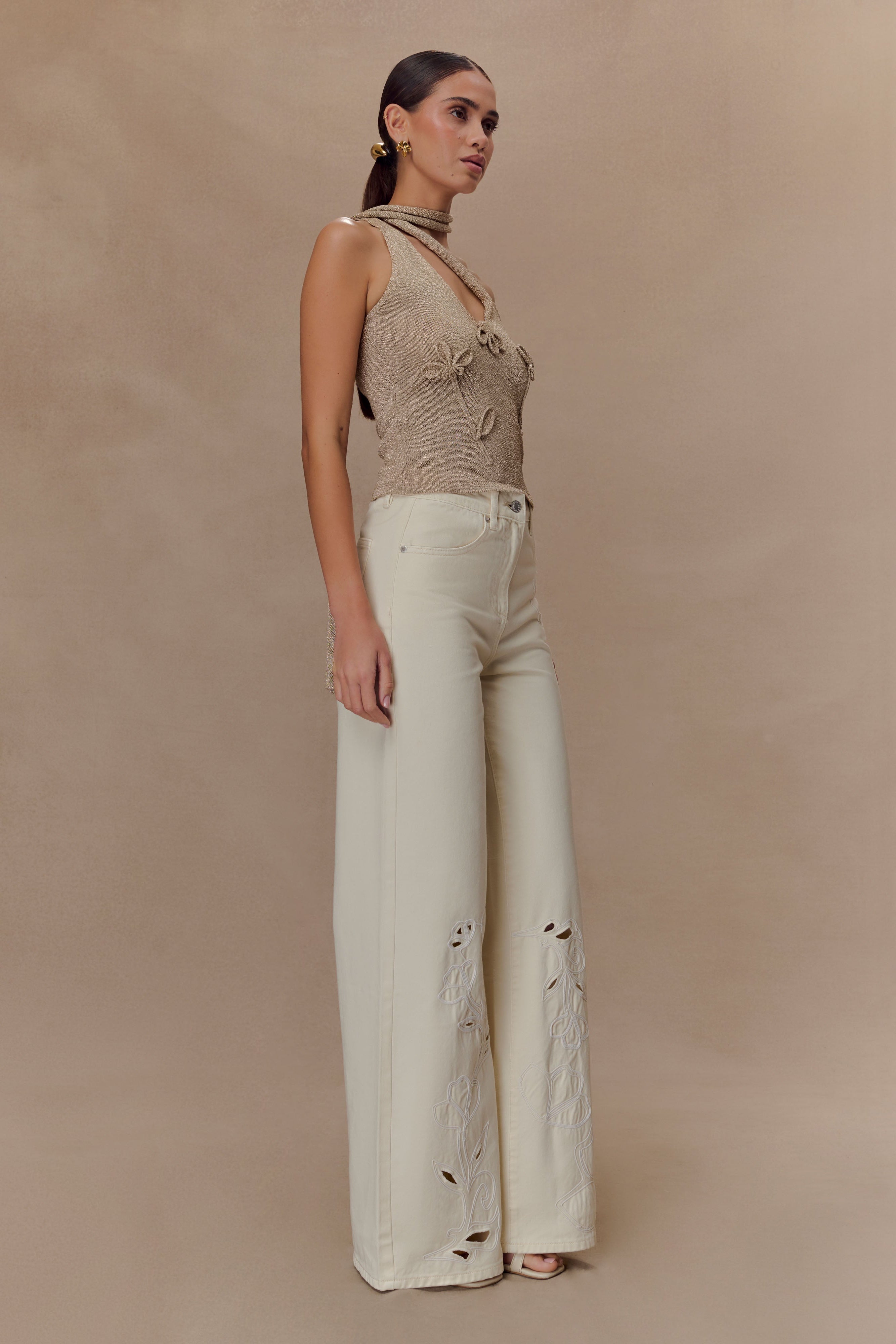 One Shoulder Metallic Knit Top with Floral Detail | Leone Gold
