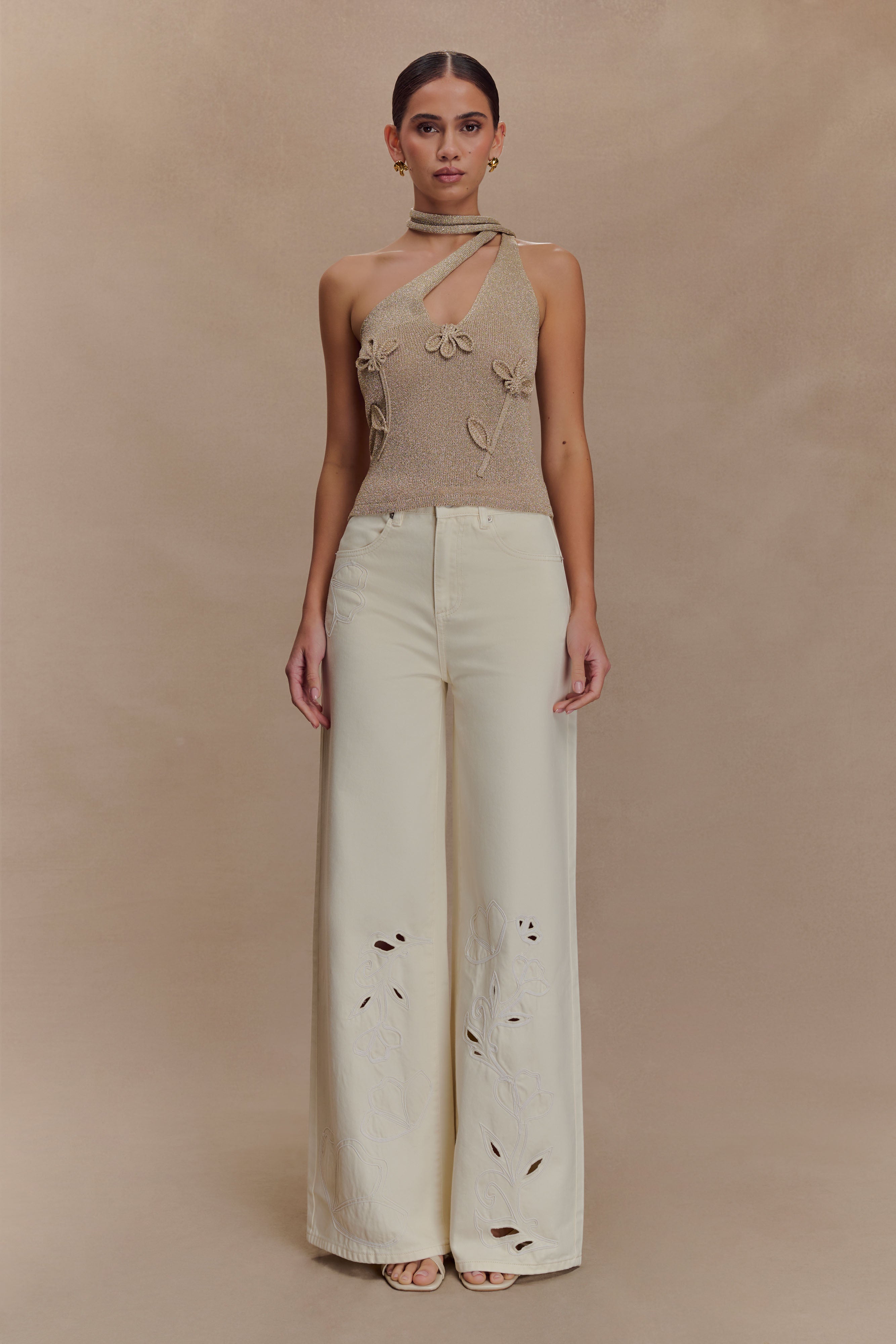 One Shoulder Metallic Knit Top with Floral Detail | Leone Gold