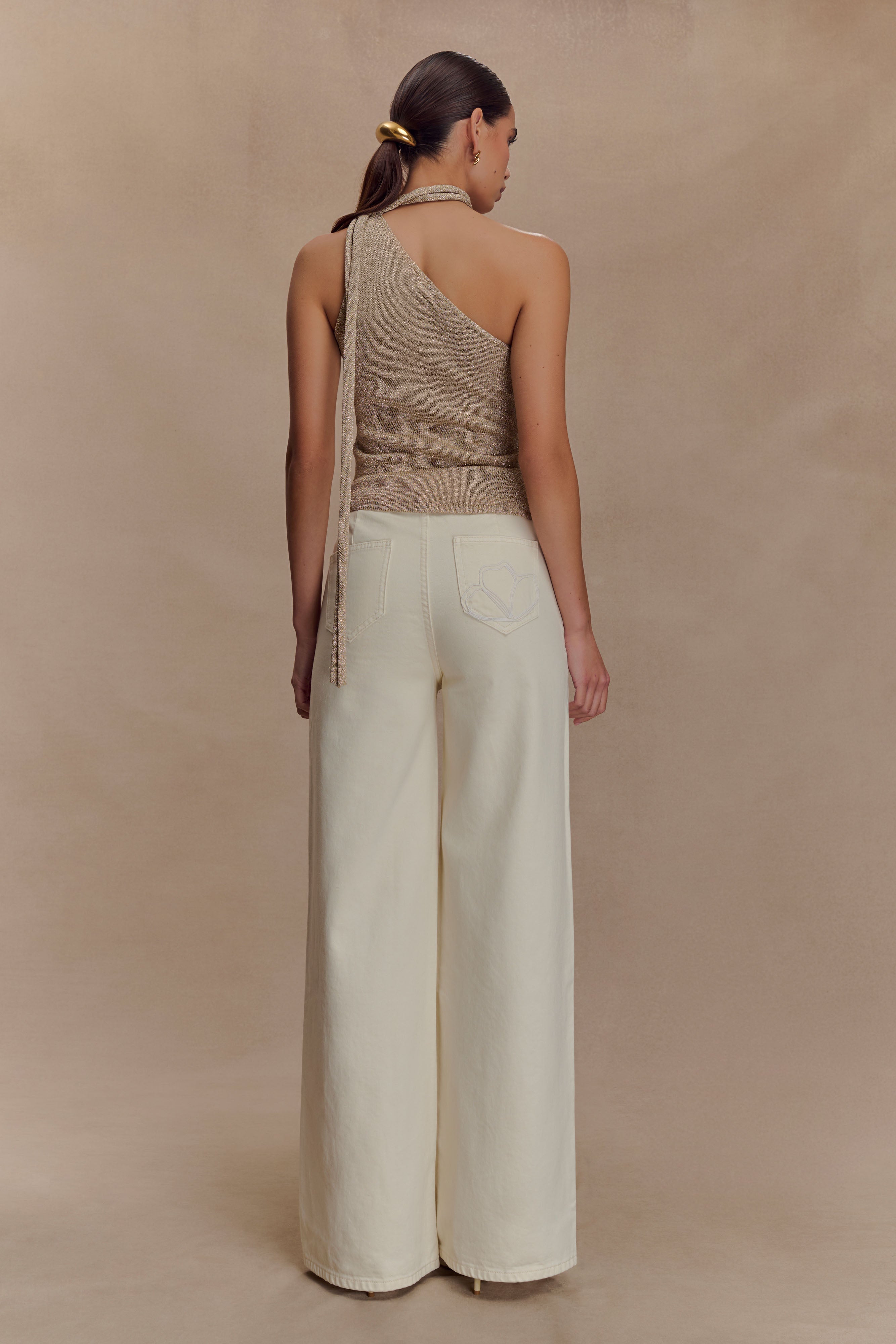 One Shoulder Metallic Knit Top with Floral Detail | Leone Gold