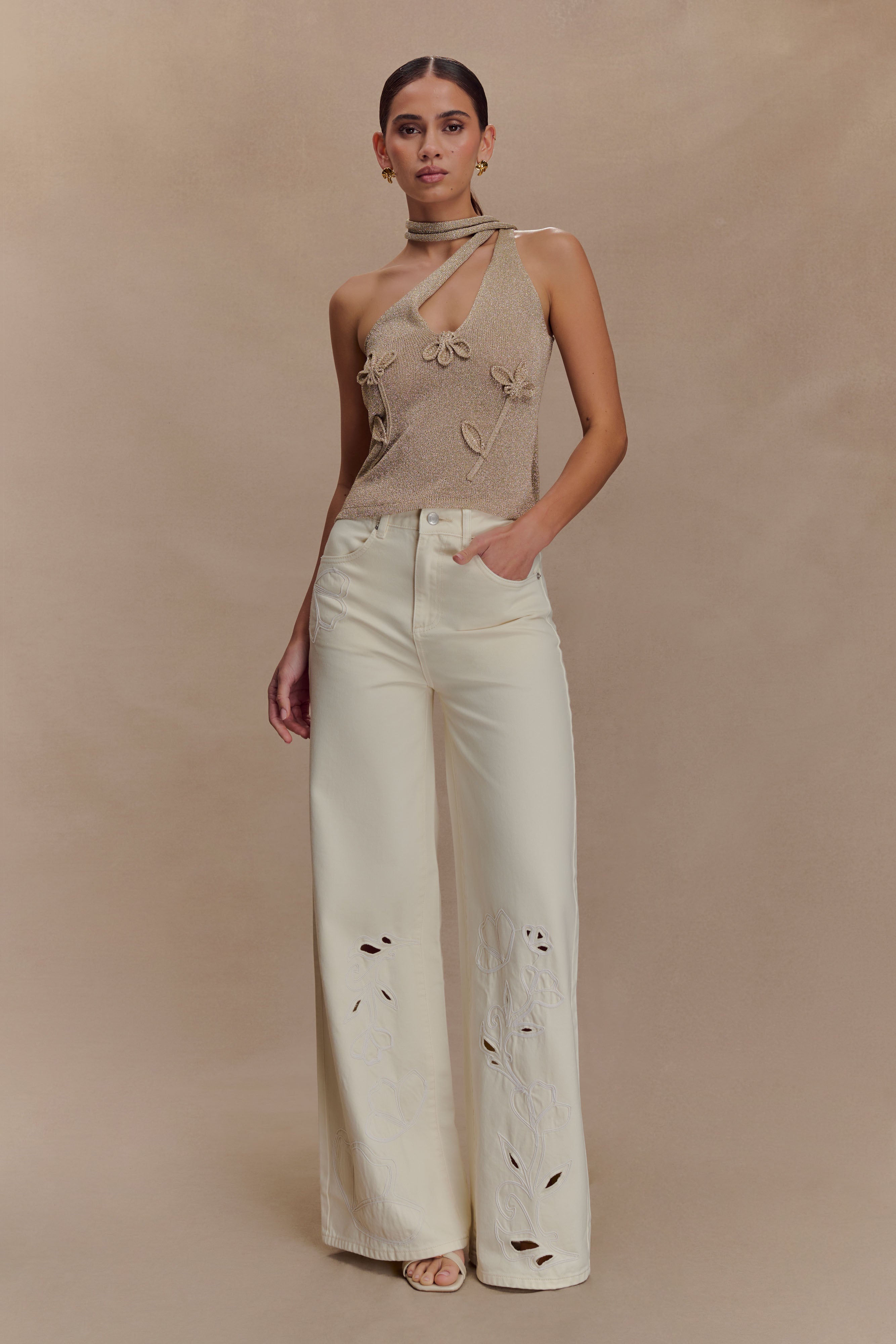 One Shoulder Metallic Knit Top with Floral Detail | Leone Gold