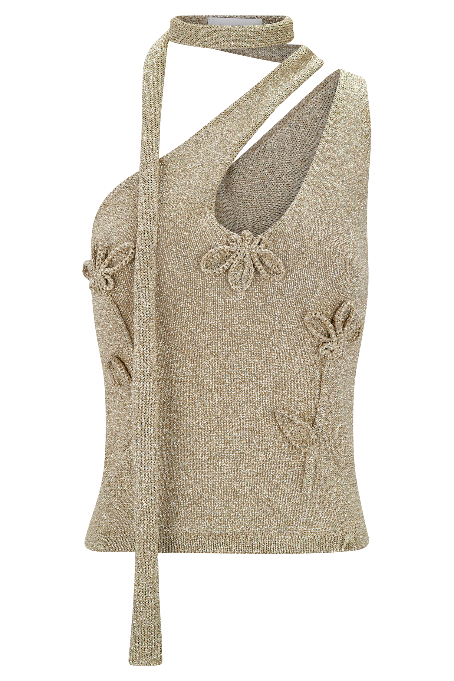 One Shoulder Metallic Knit Top with Floral Detail | Leone Gold