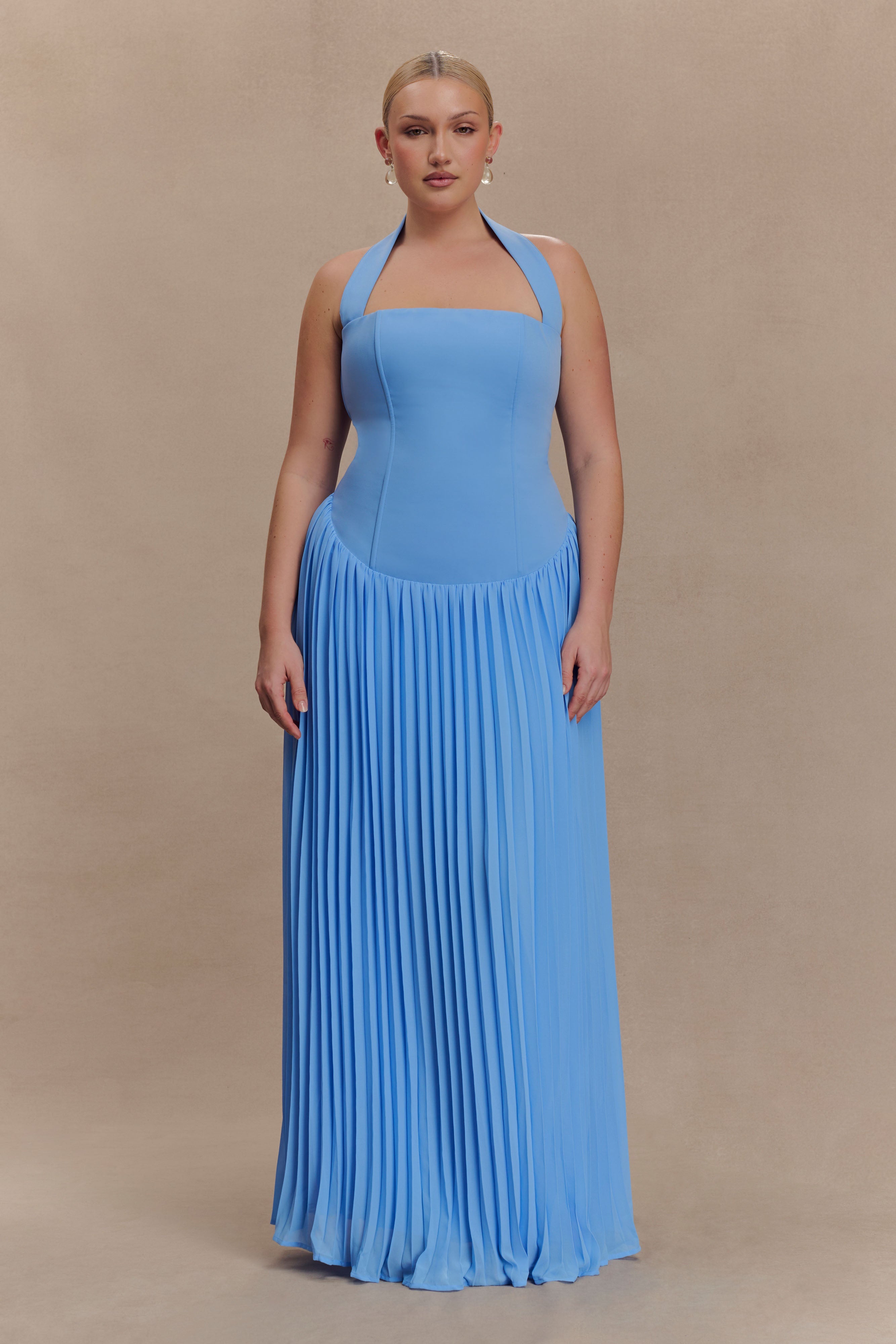 Pleated Halter Maxi Dress with Fitted Bodice | Stacie Bright Blue
