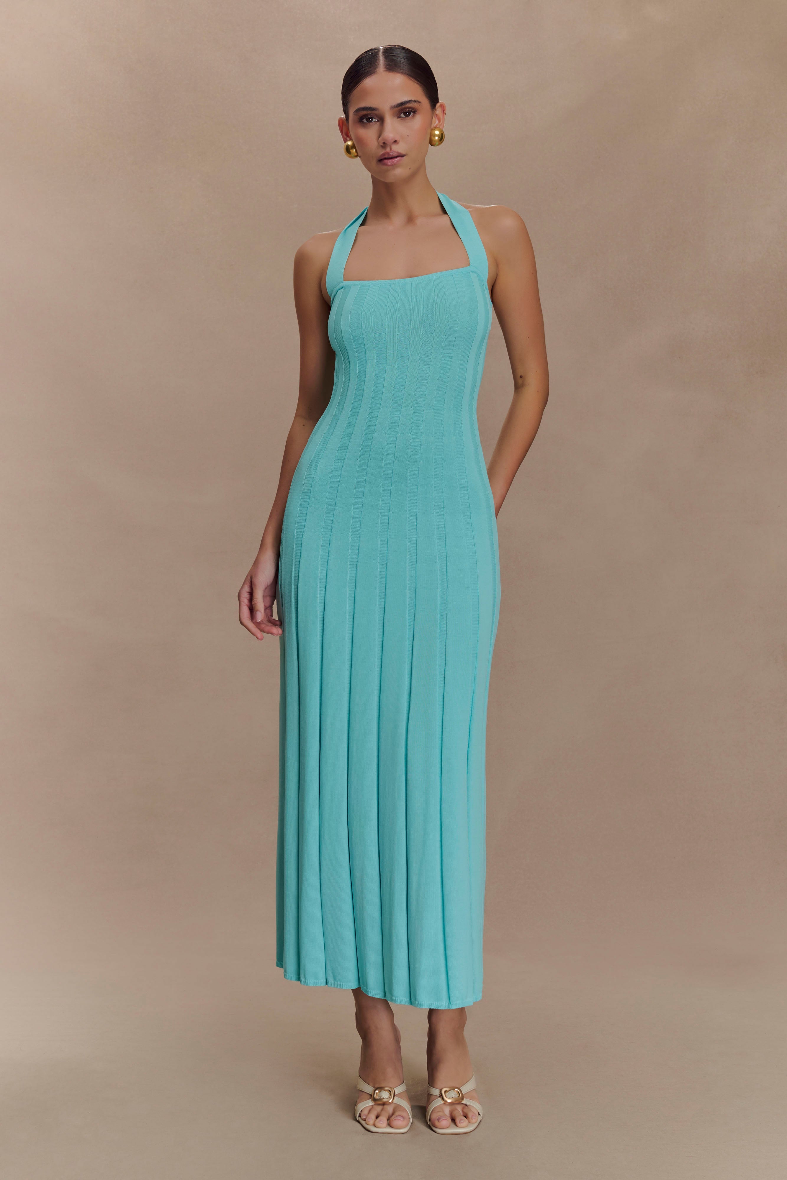 Halter Neck Midi Dress in Ribbed Knit with Pleated Hem | Jacqui