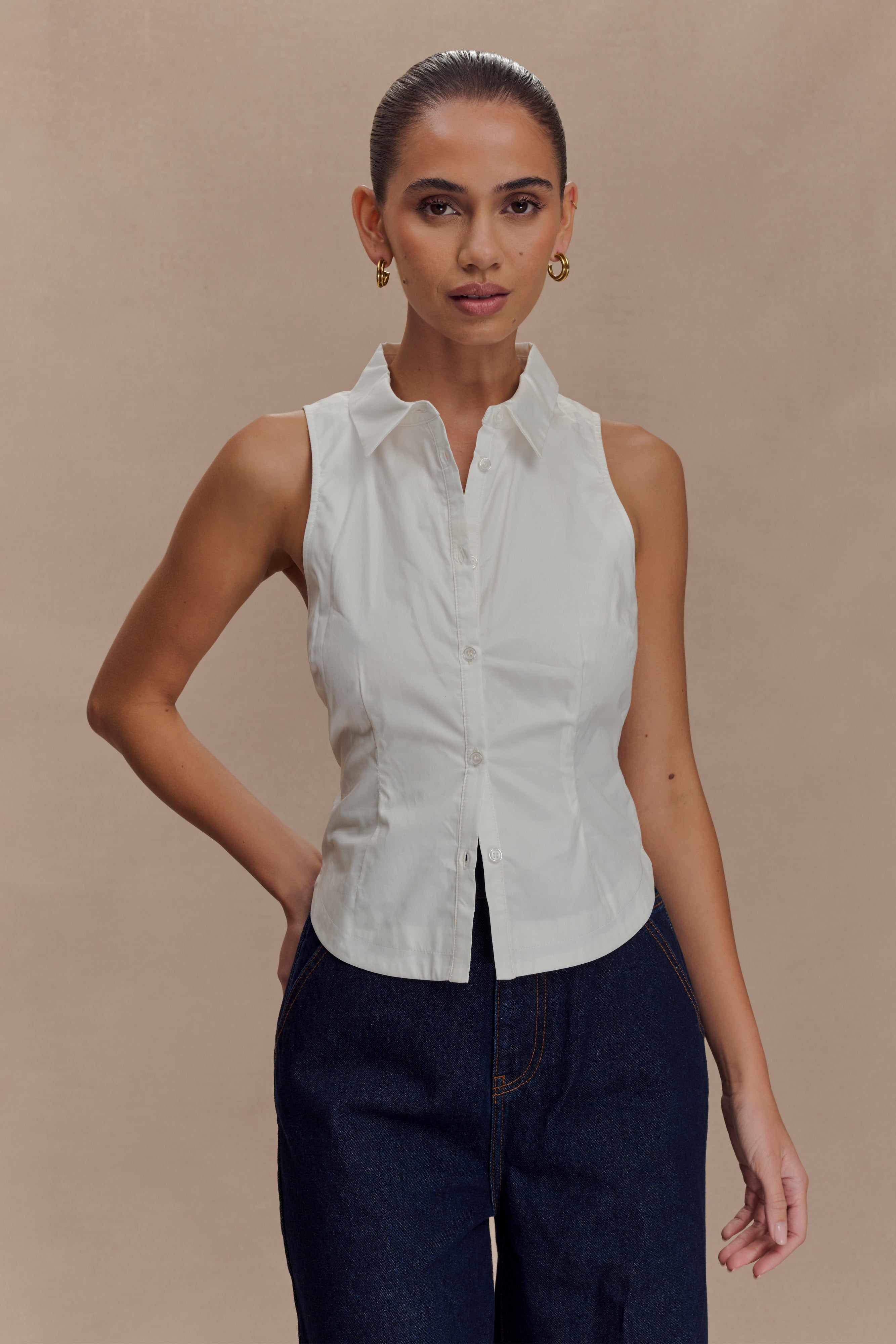 Women's Sleeveless Halter Shirt with Back Belt Detail | Selene