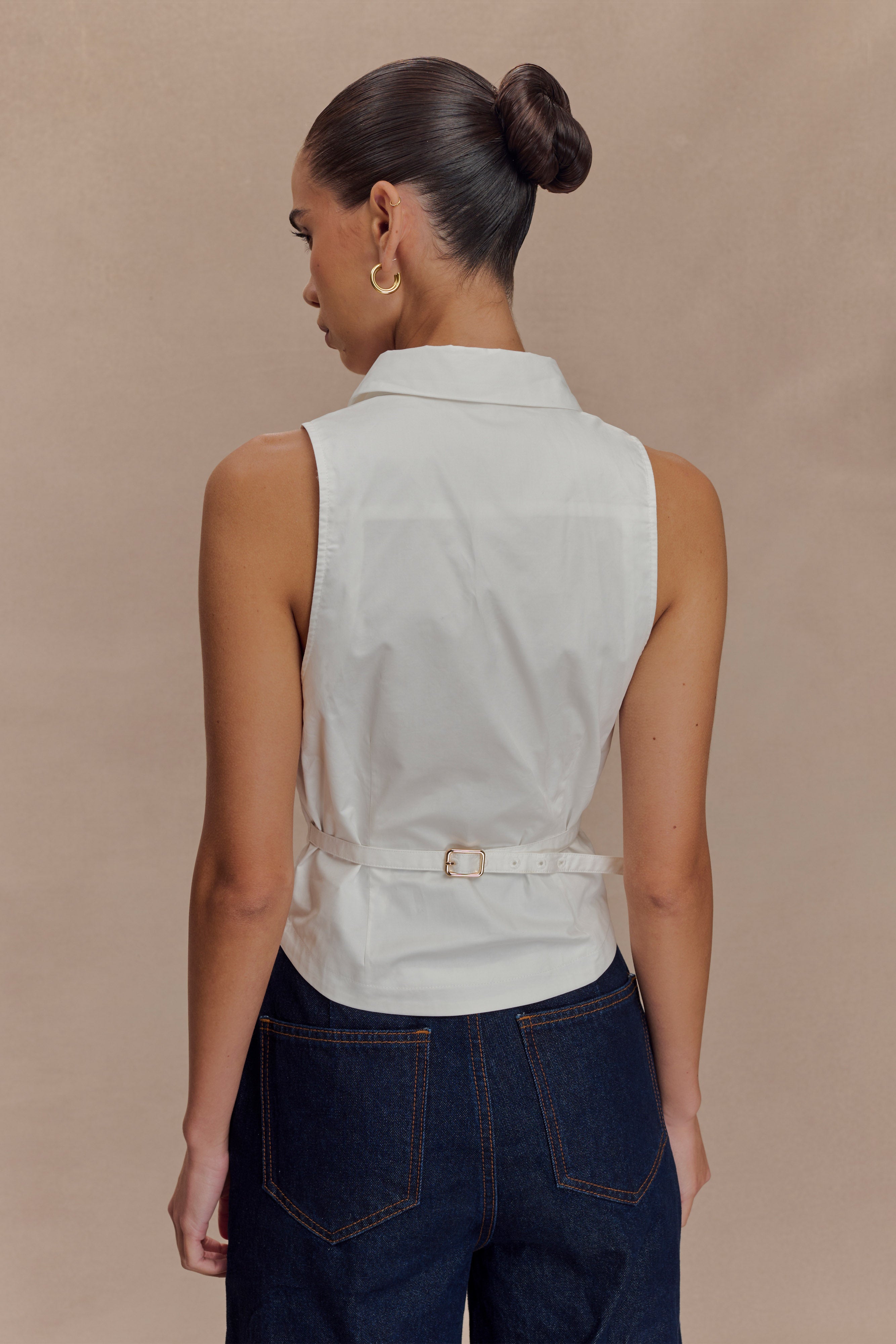 Women's Sleeveless Halter Shirt with Back Belt Detail | Selene