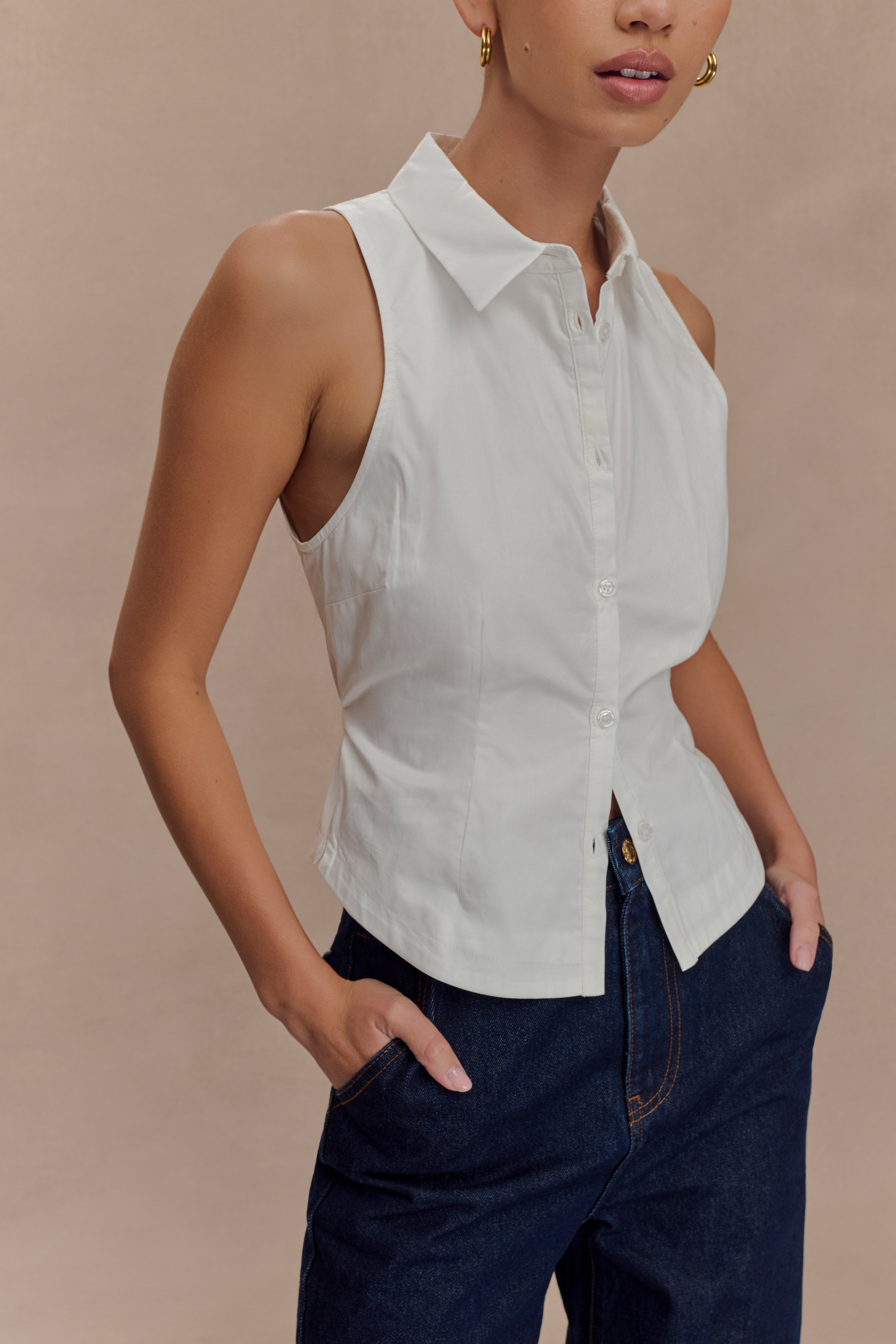 Women's Sleeveless Halter Shirt with Back Belt Detail | Selene