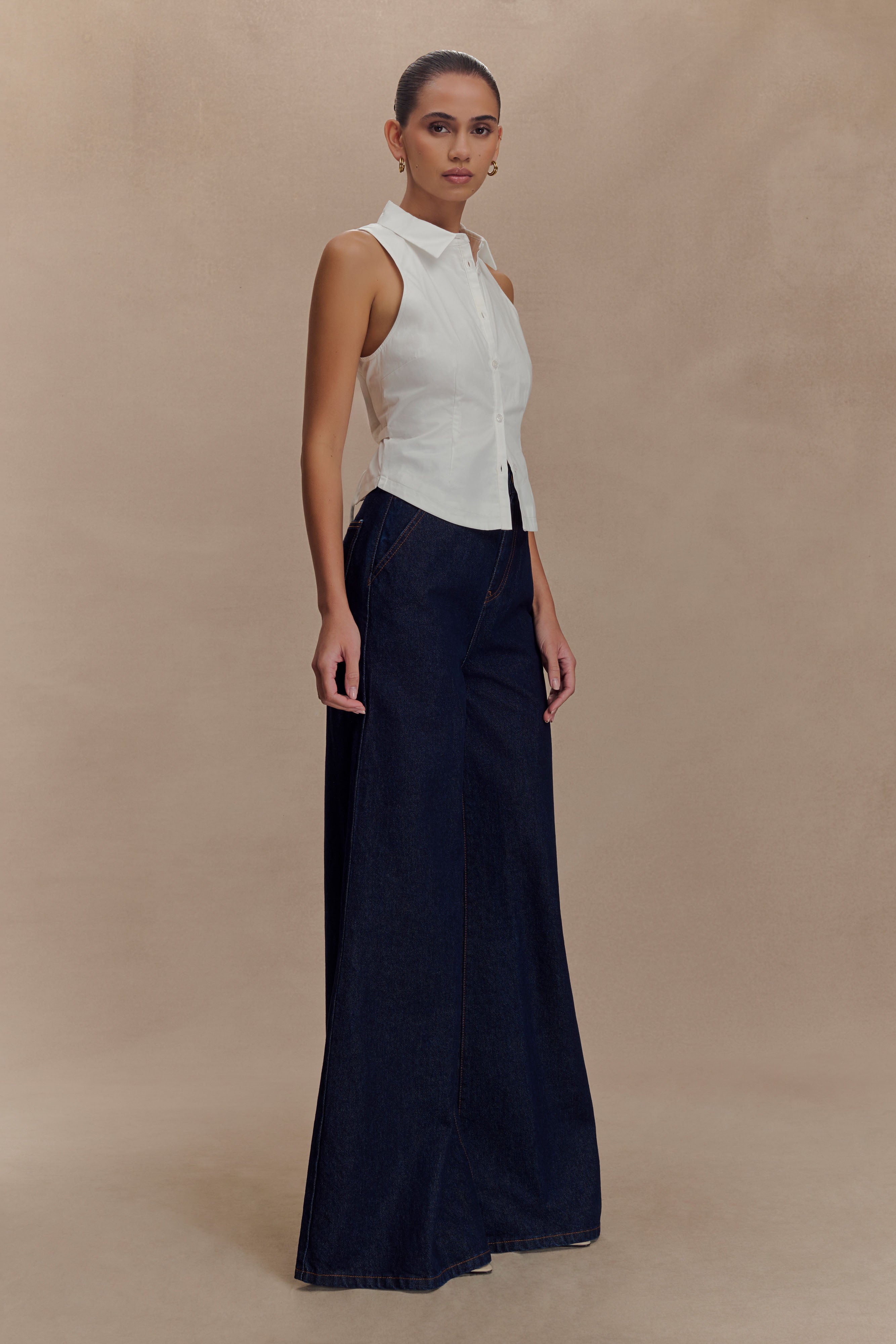 Women's Sleeveless Halter Shirt with Back Belt Detail | Selene