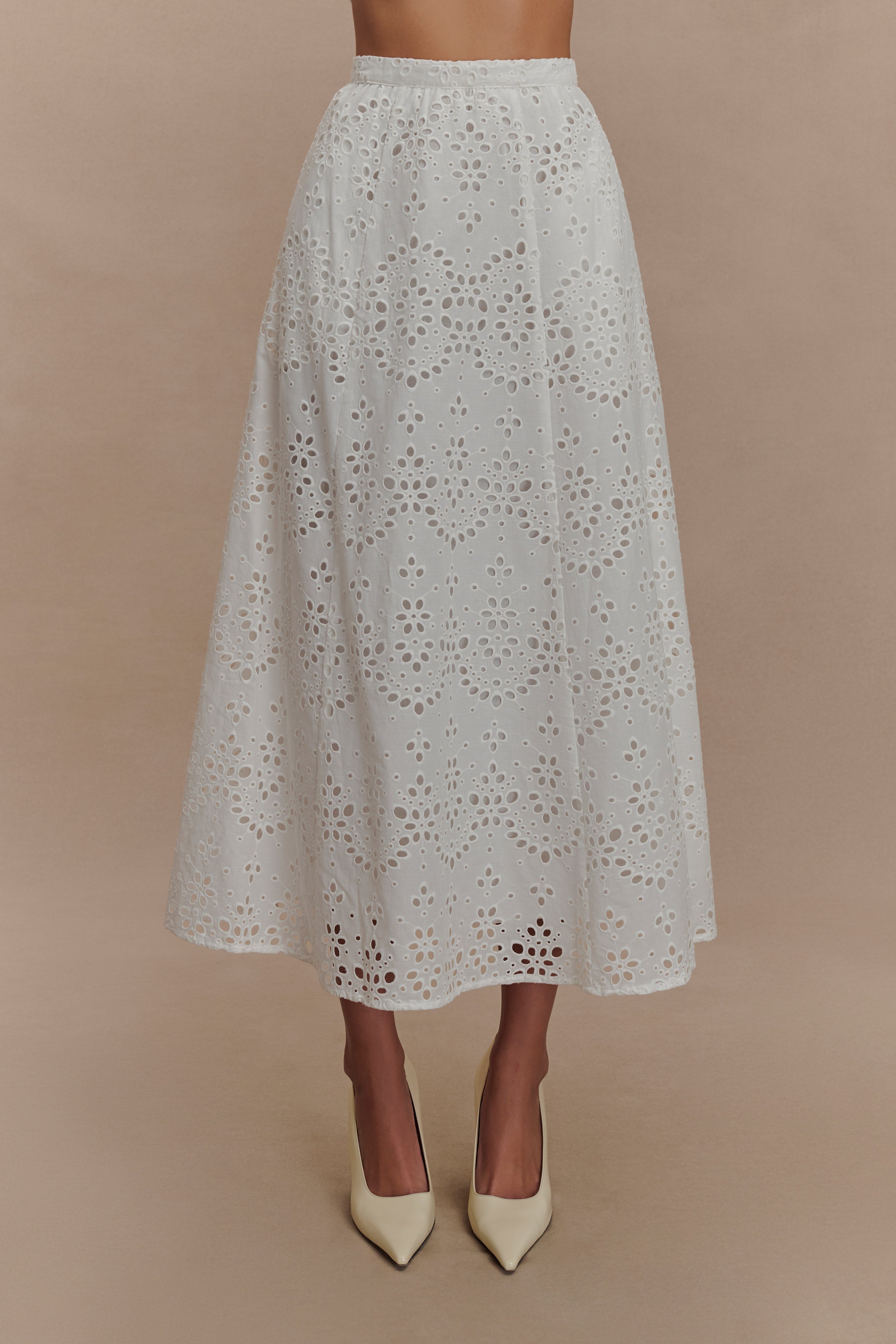 White Broderie Midi Skirt with Pockets | Arla Elegance