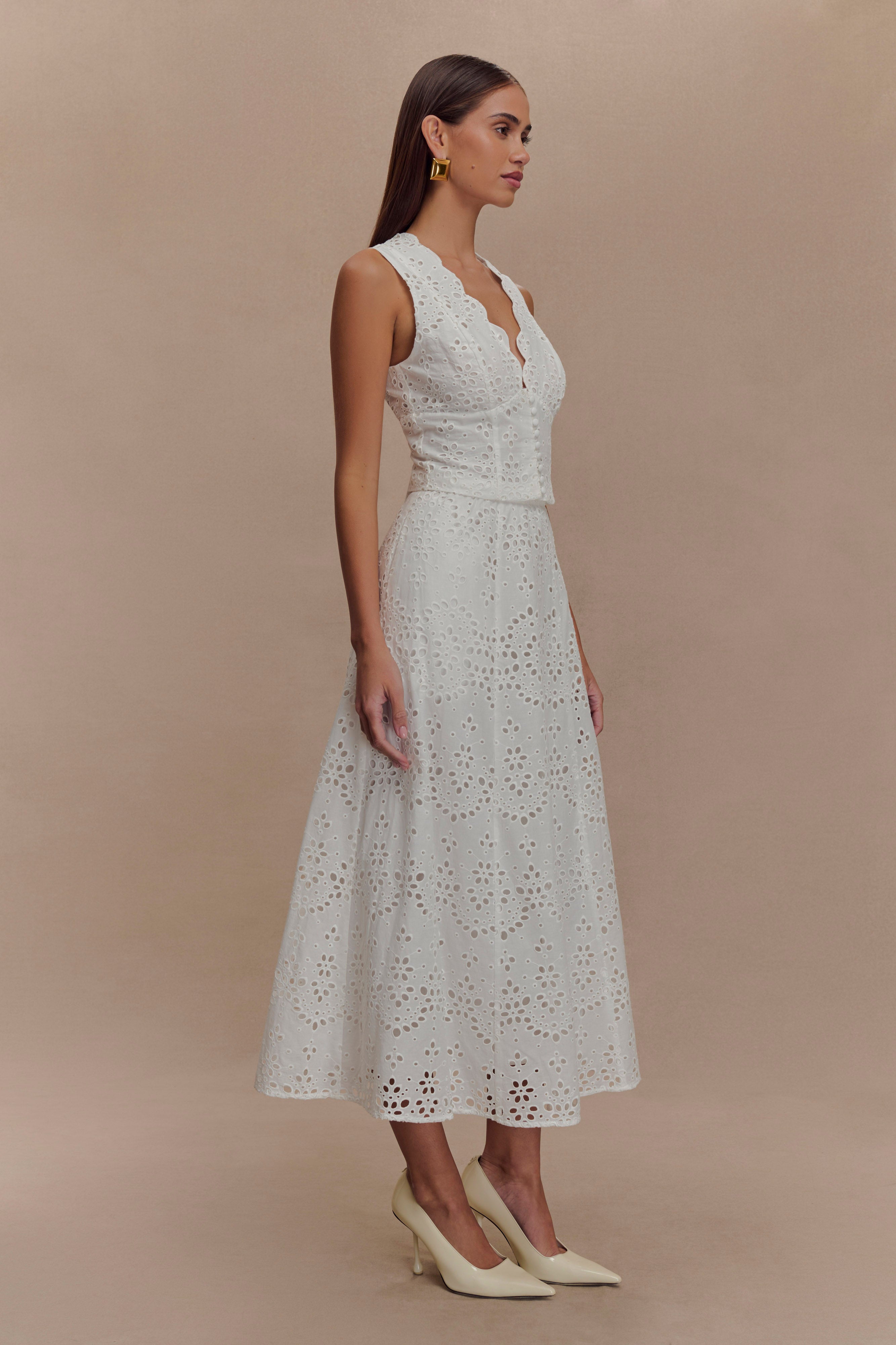 White Broderie Midi Skirt with Pockets | Arla Elegance