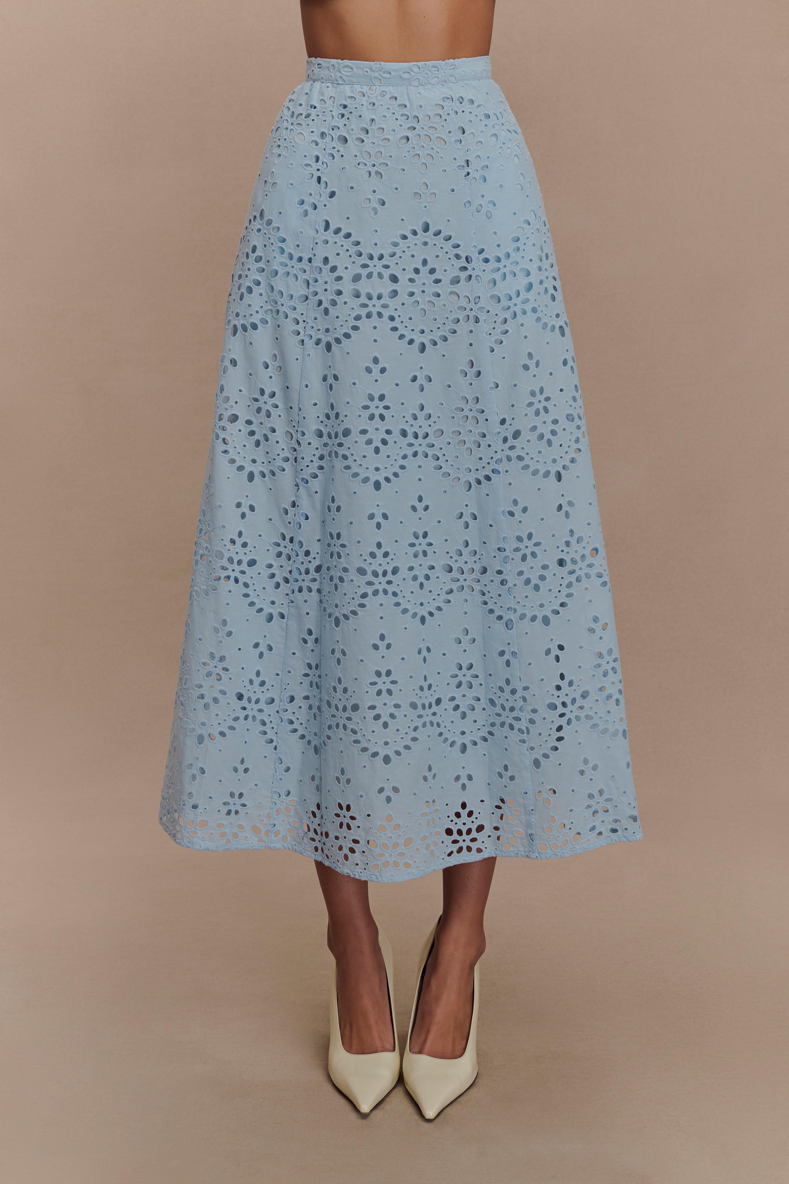 Broderie Midi Skirt with Pockets & Lining | Arla Pale Cornflower Blue