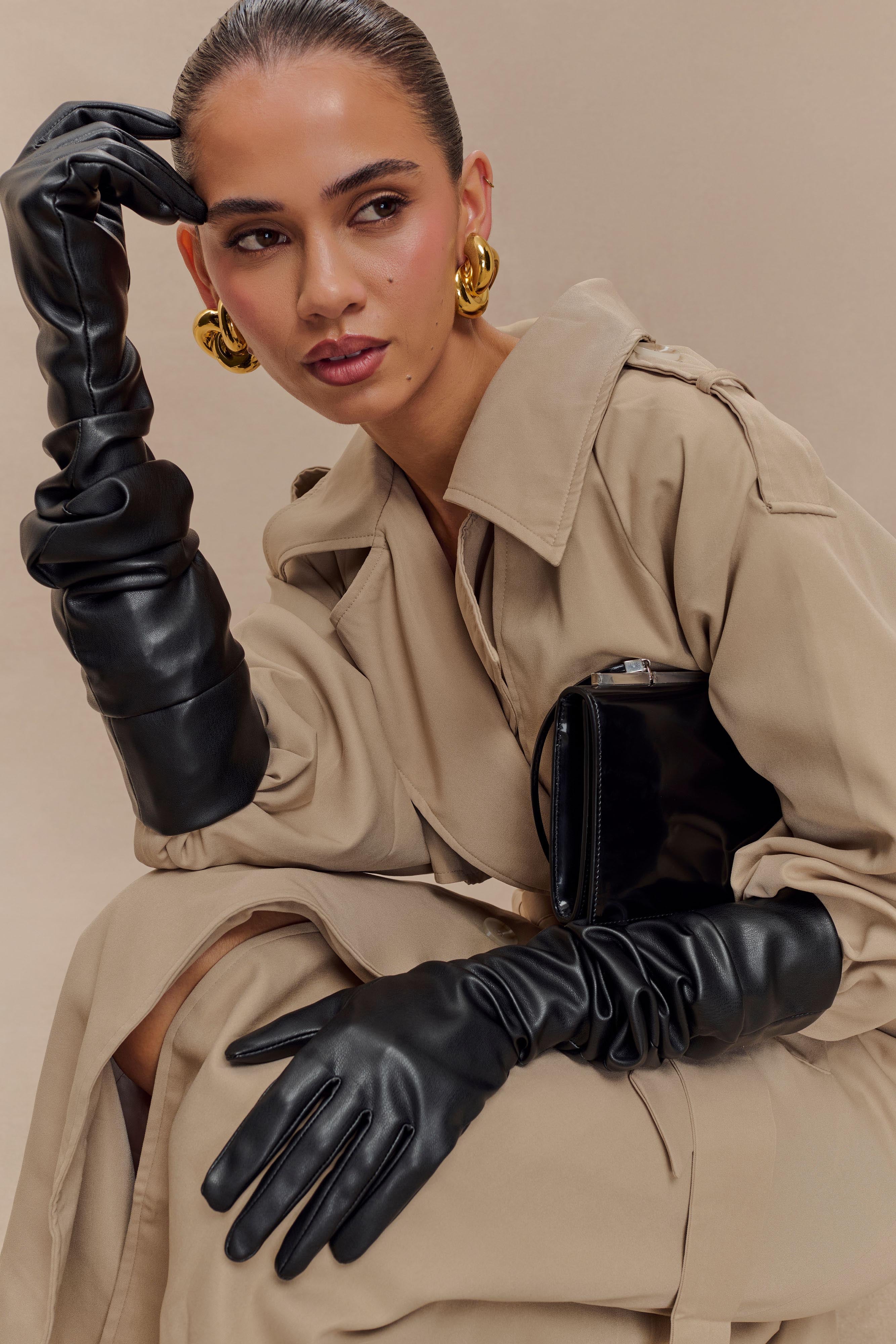 Faux Leather Elbow Gloves for Women - Black | Jasper