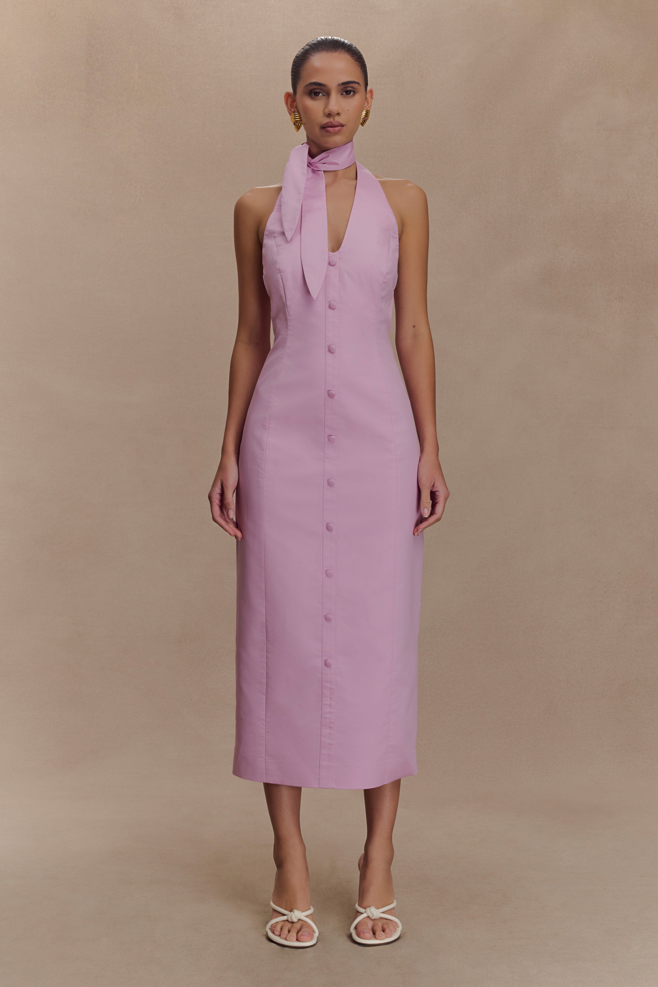 Halter Neck Midi Dress with V Neckline & Back Split | Simona