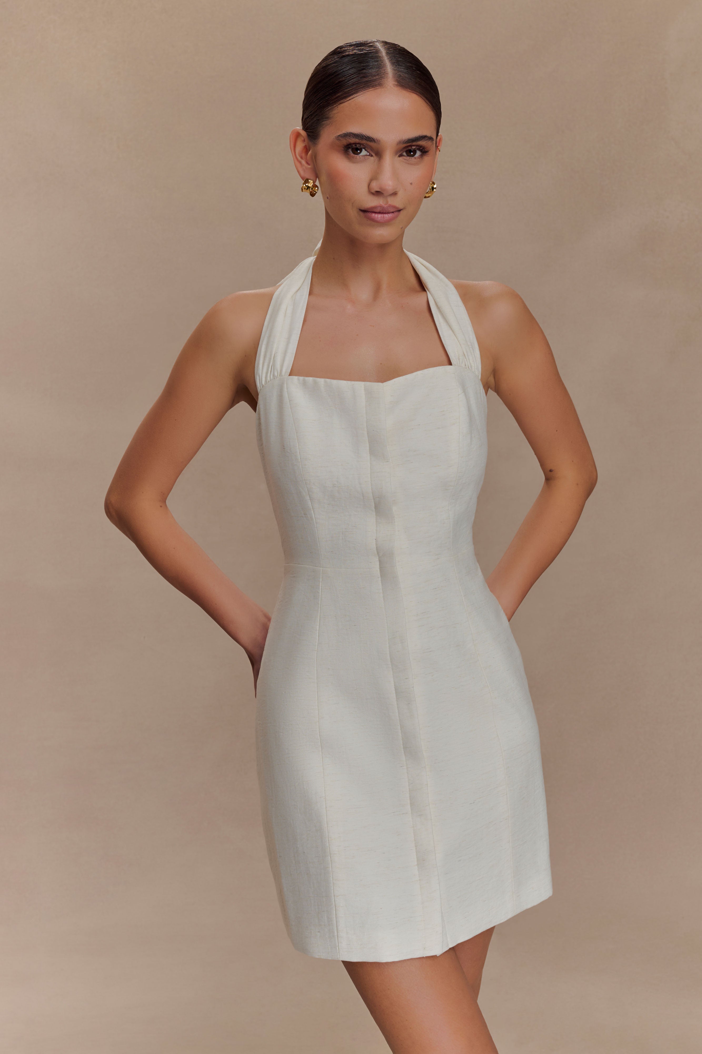 Linen Halter Mini Dress with Scoop Back & Tie Neck | Anya