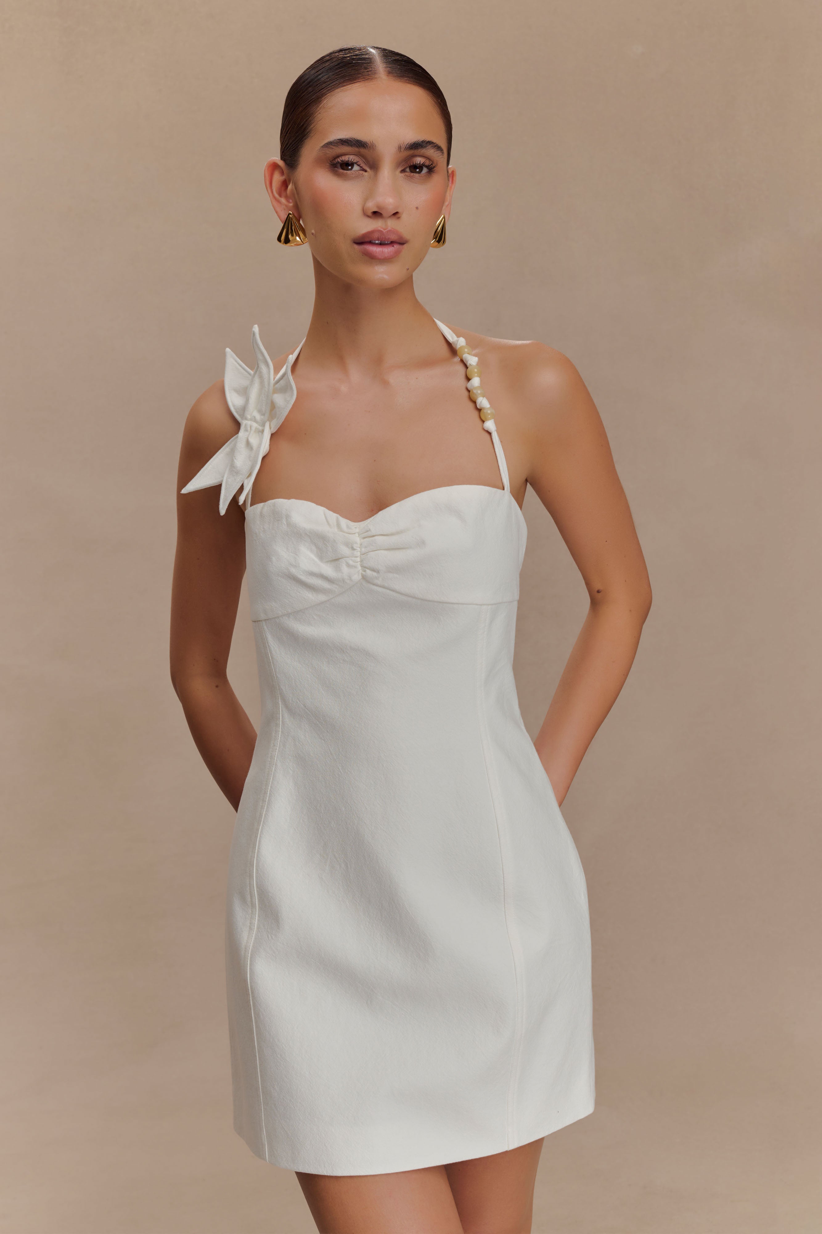 Floral Mini Dress with Halter Neckline & Bead Accents | Reyes Cotton