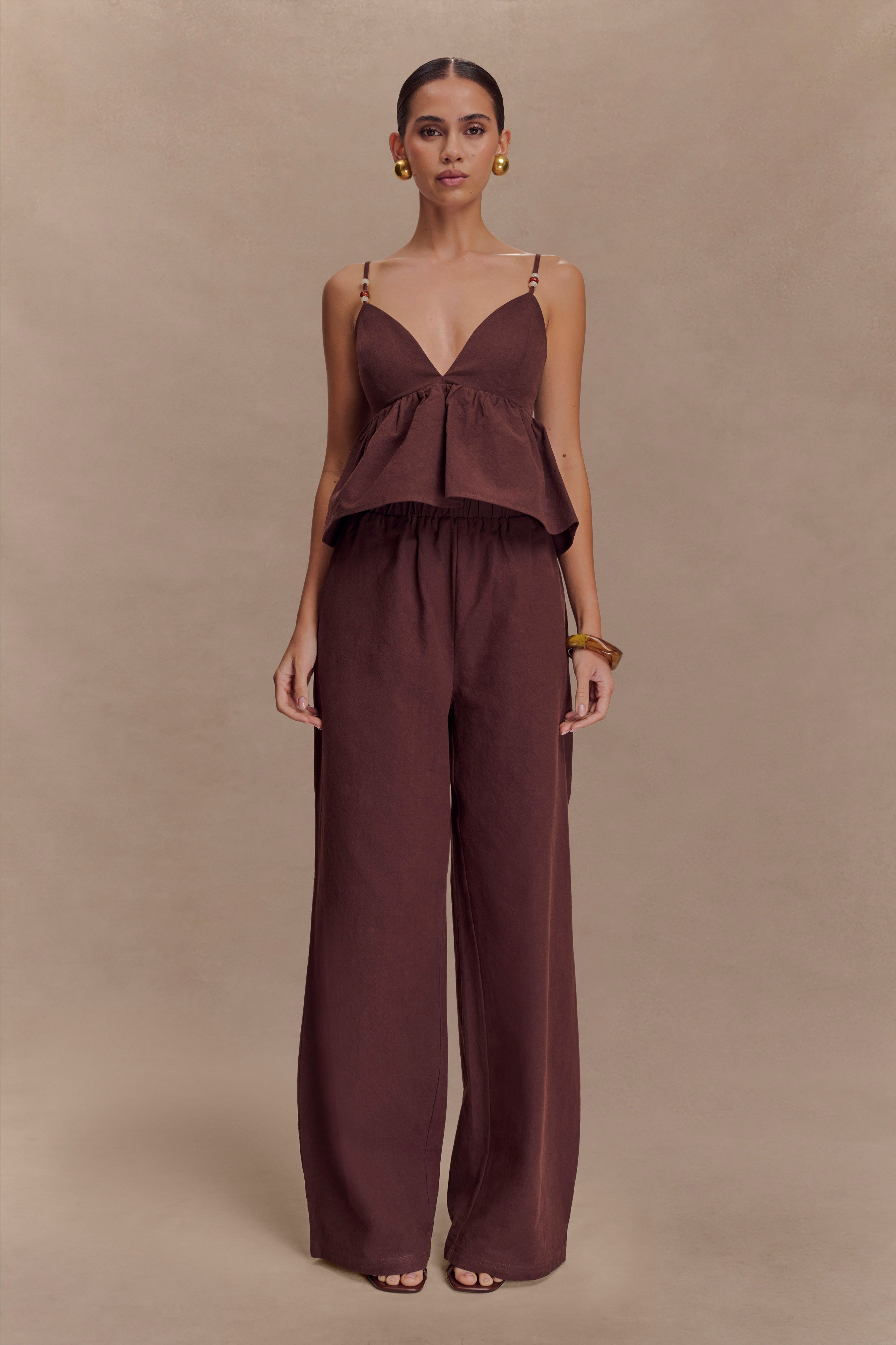Wide Leg Cotton Pants with Elastic Waistband | Janayia Dark Espresso