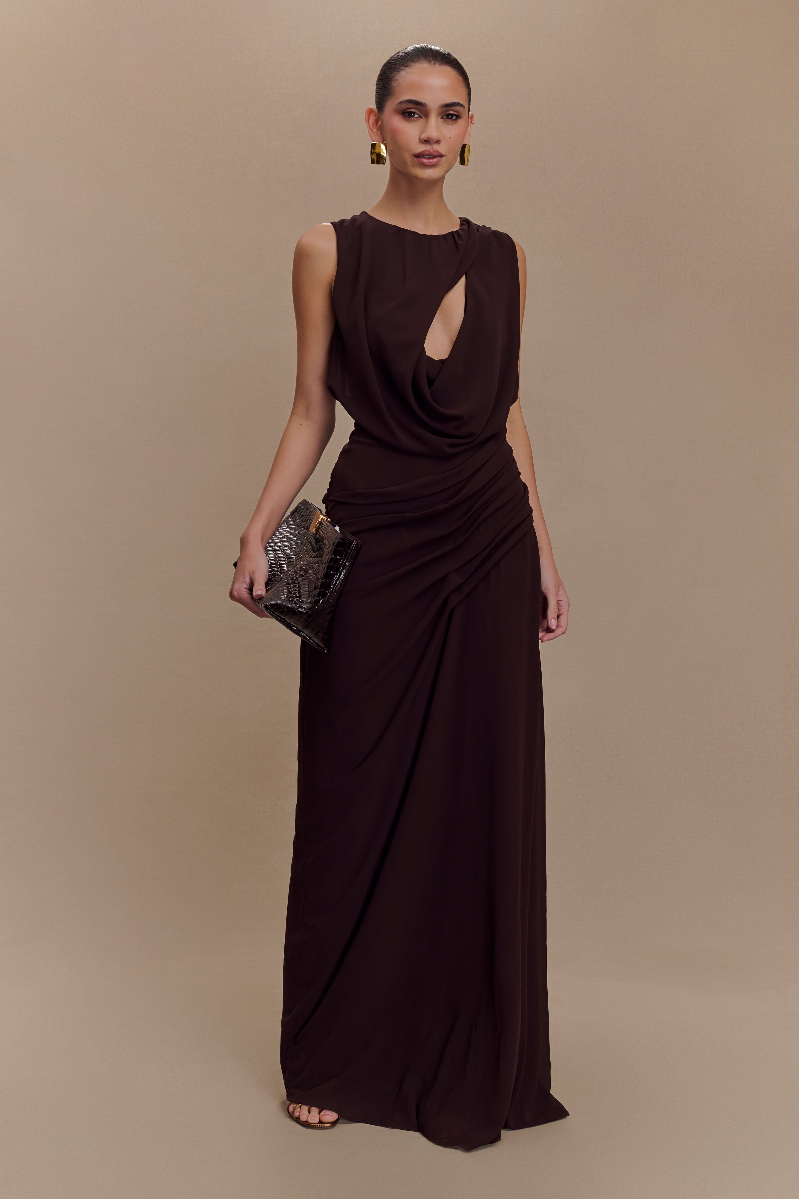 Chiffon Maxi Dress with Open Back & Asymmetrical Neckline | Oria
