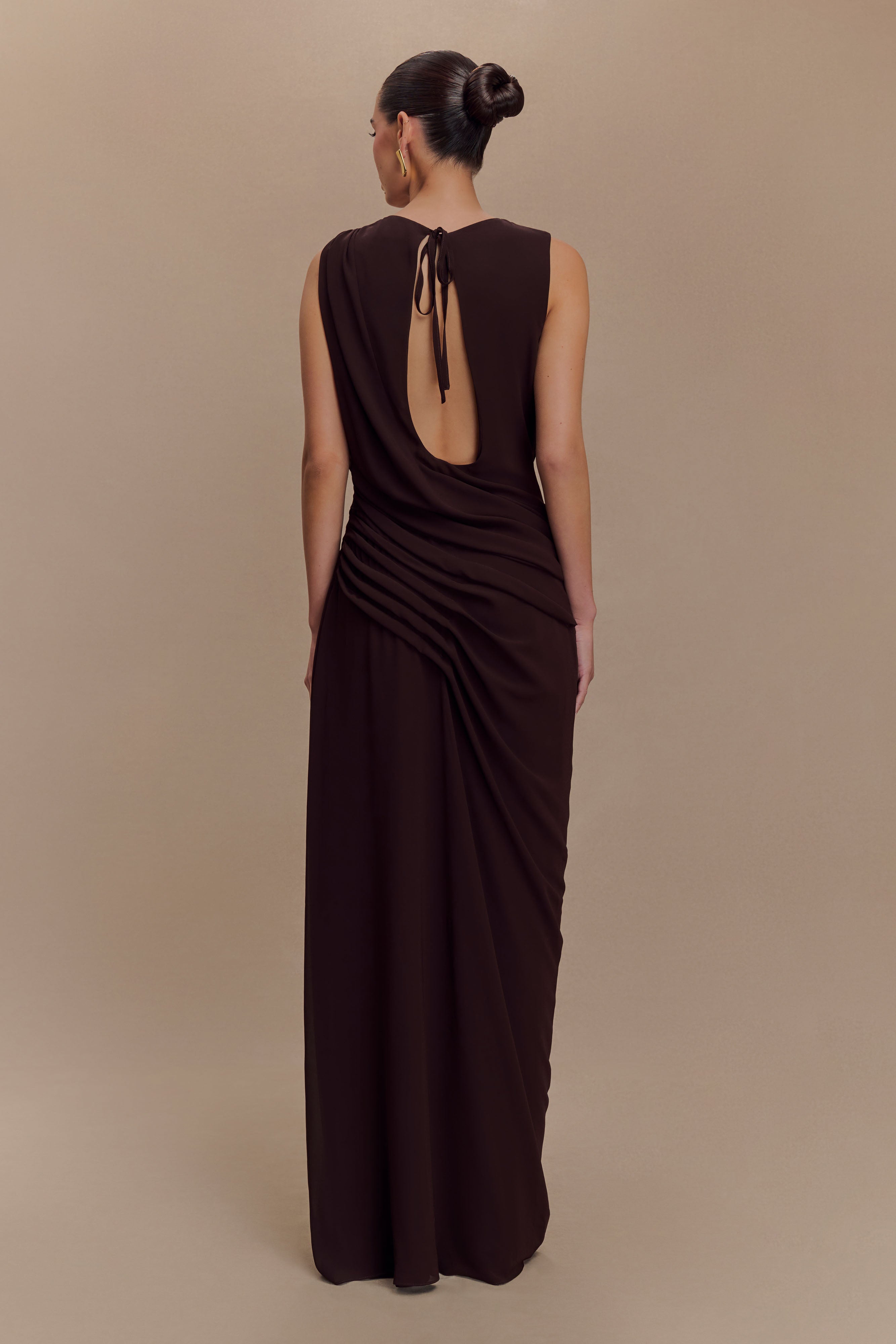Chiffon Maxi Dress with Open Back & Asymmetrical Neckline | Oria