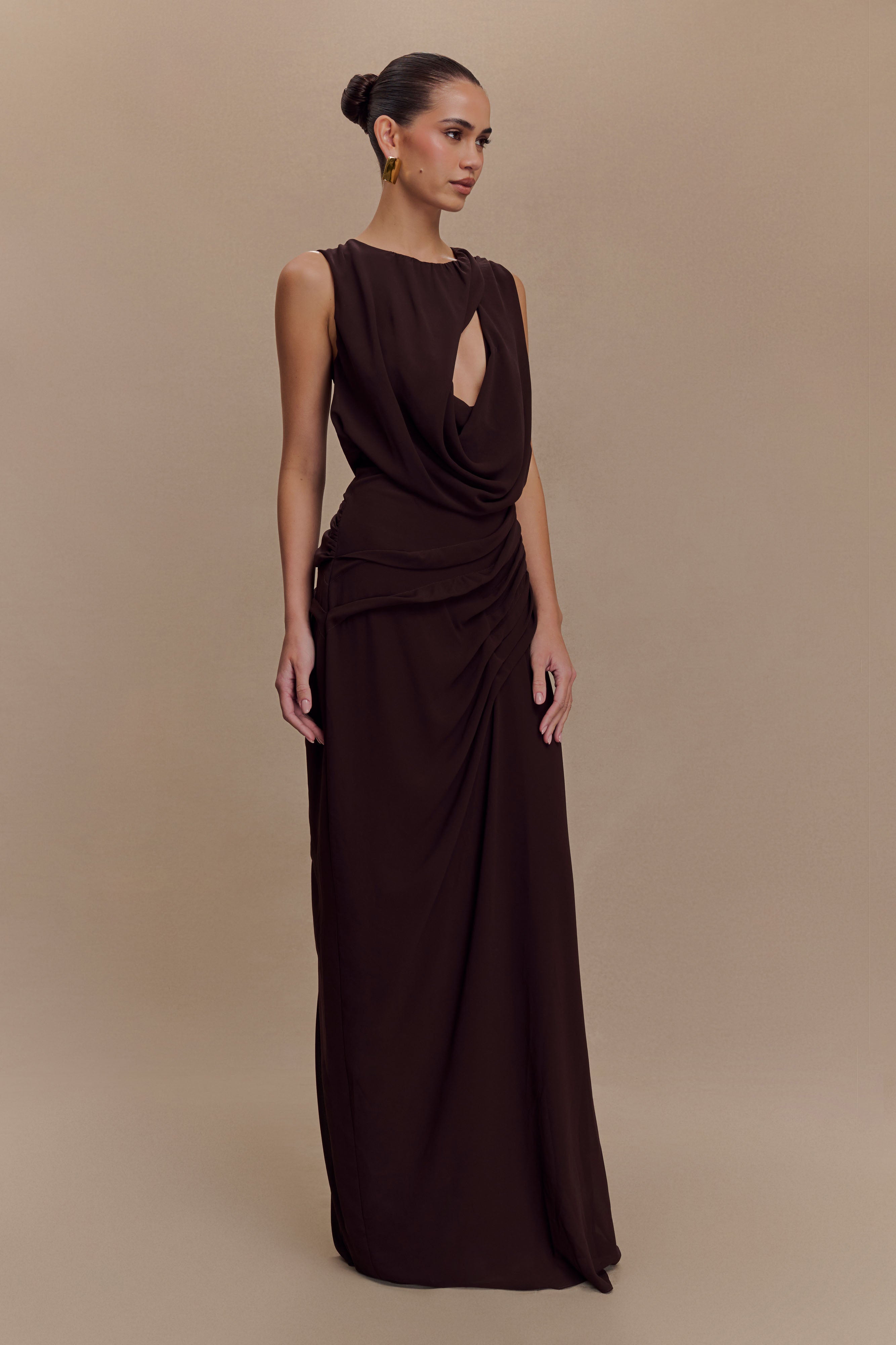 Chiffon Maxi Dress with Open Back & Asymmetrical Neckline | Oria