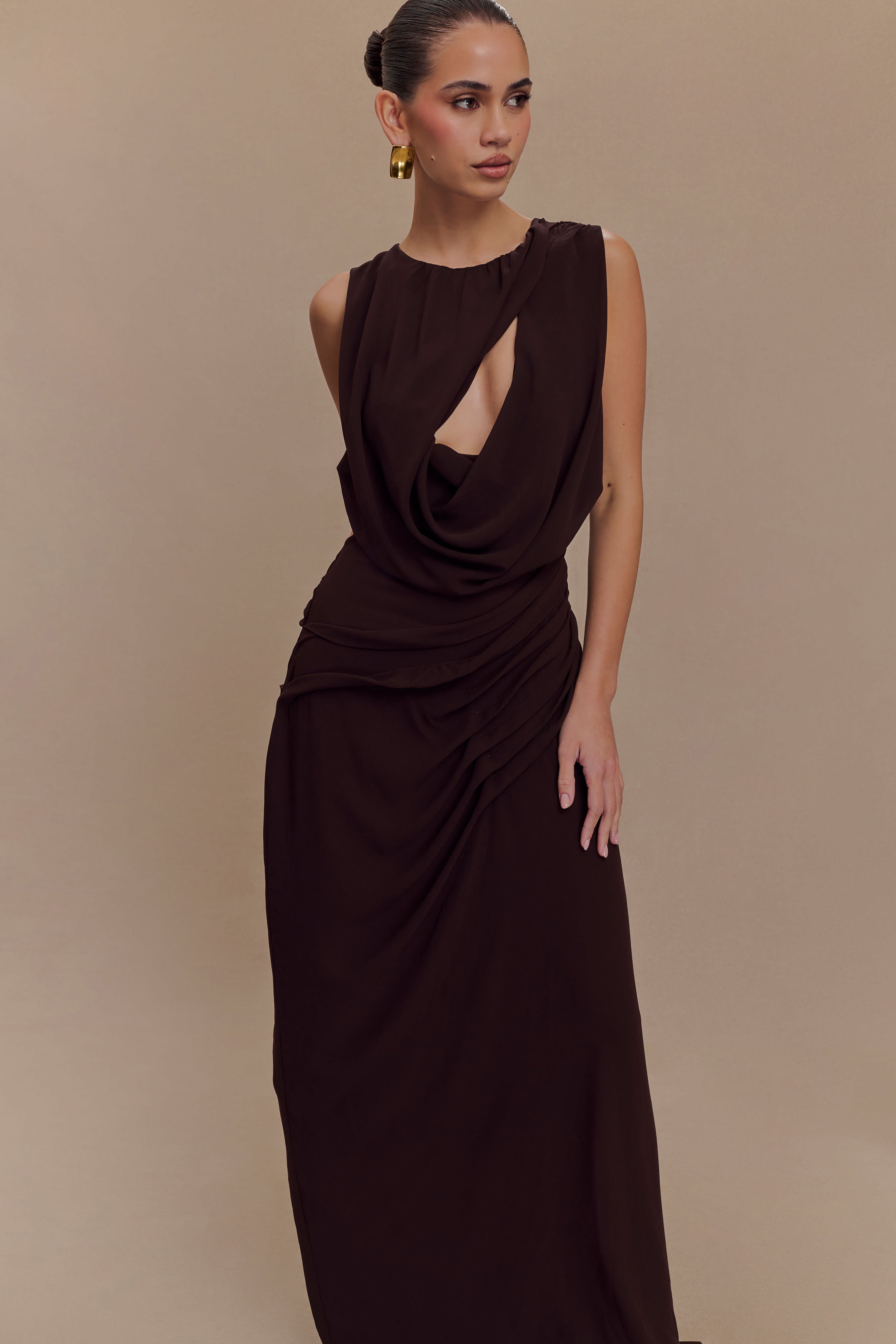 Chiffon Maxi Dress with Open Back & Asymmetrical Neckline | Oria