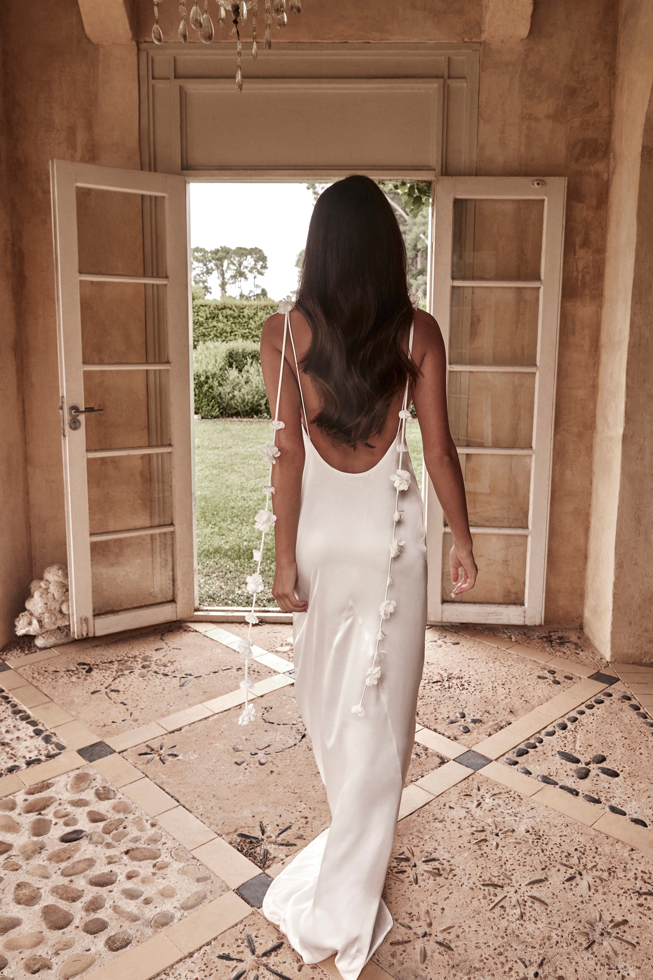 Elegant White Satin Wedding Gown with 3D Floral Detail | Elenora Rose