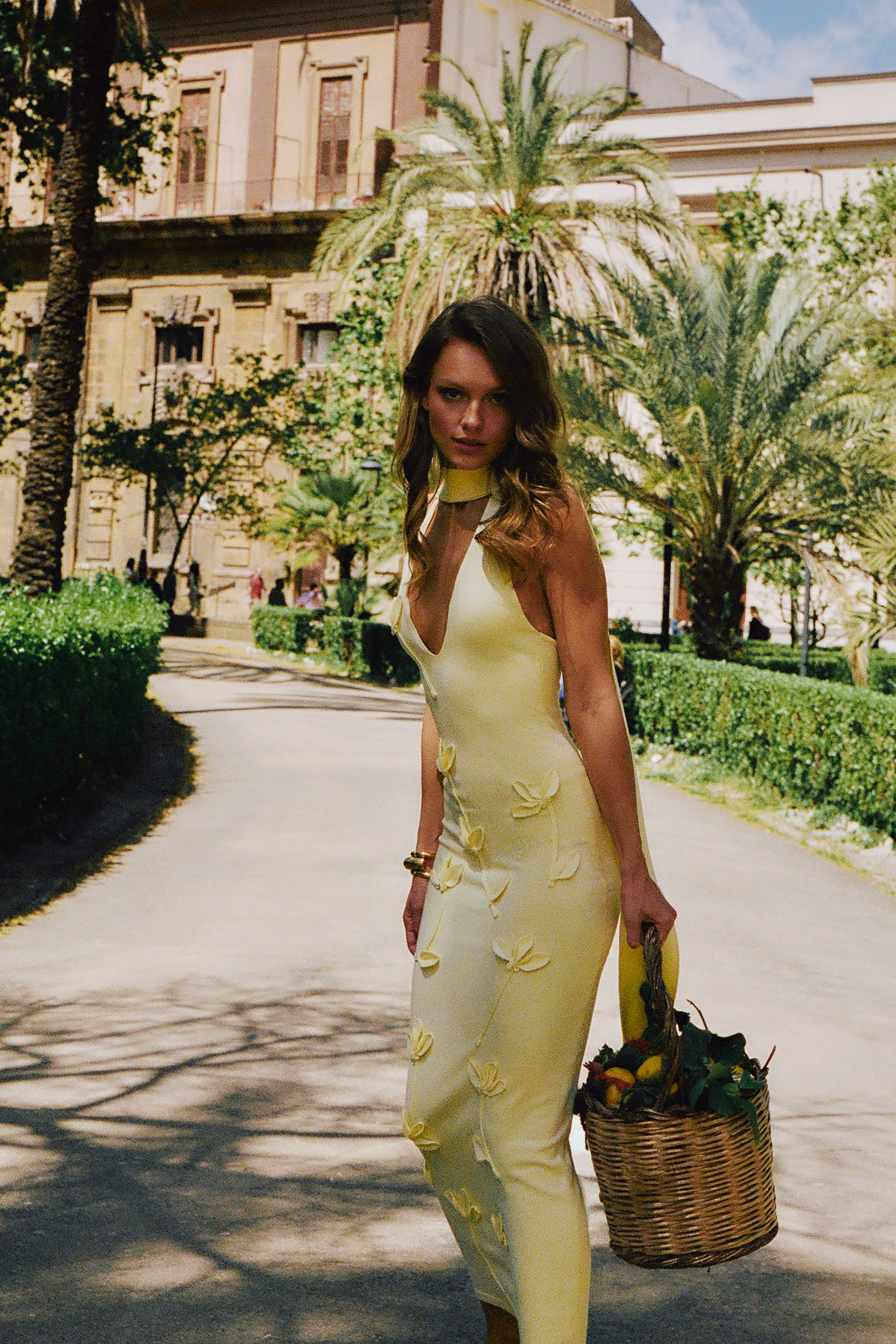 Floral Knit Midi Dress with Halter Neckline & Scarf | Wynn Lemon