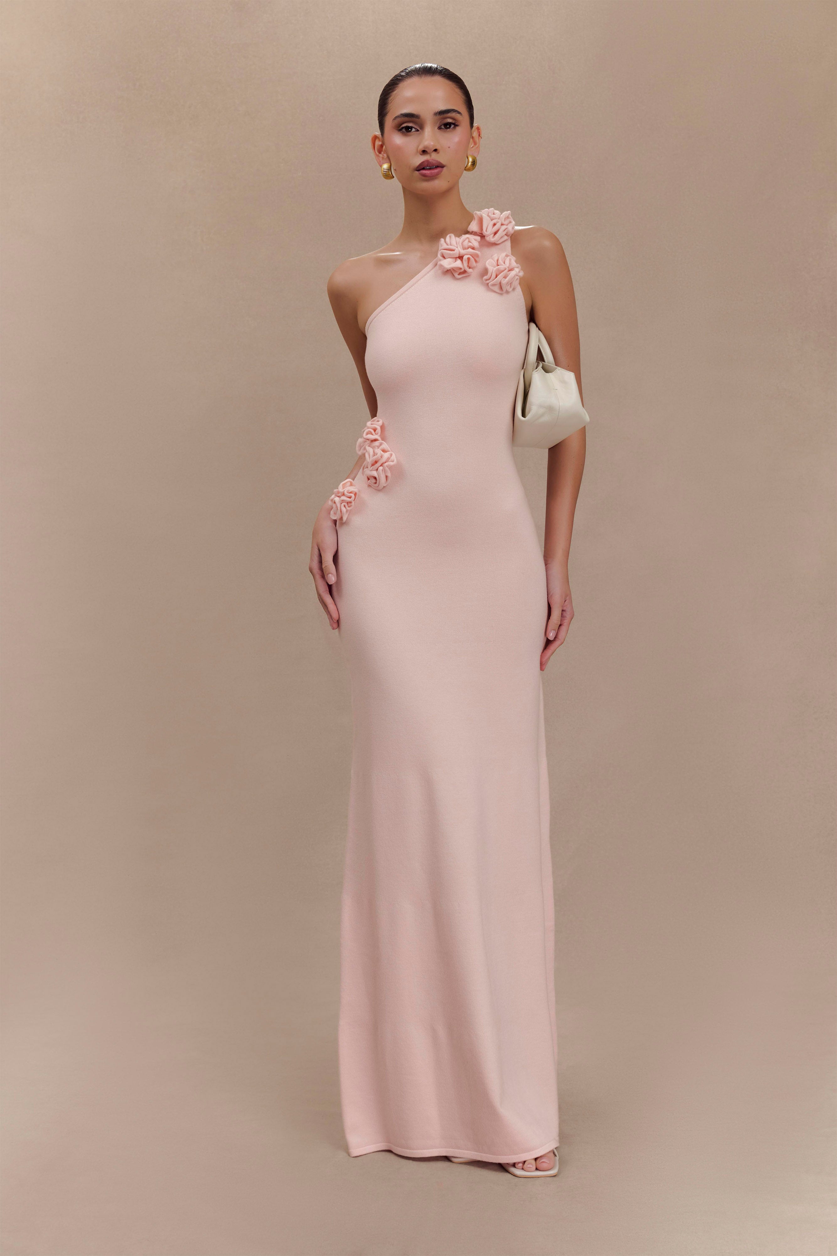 One Shoulder Knit Maxi Dress with Floral Details | Paloma