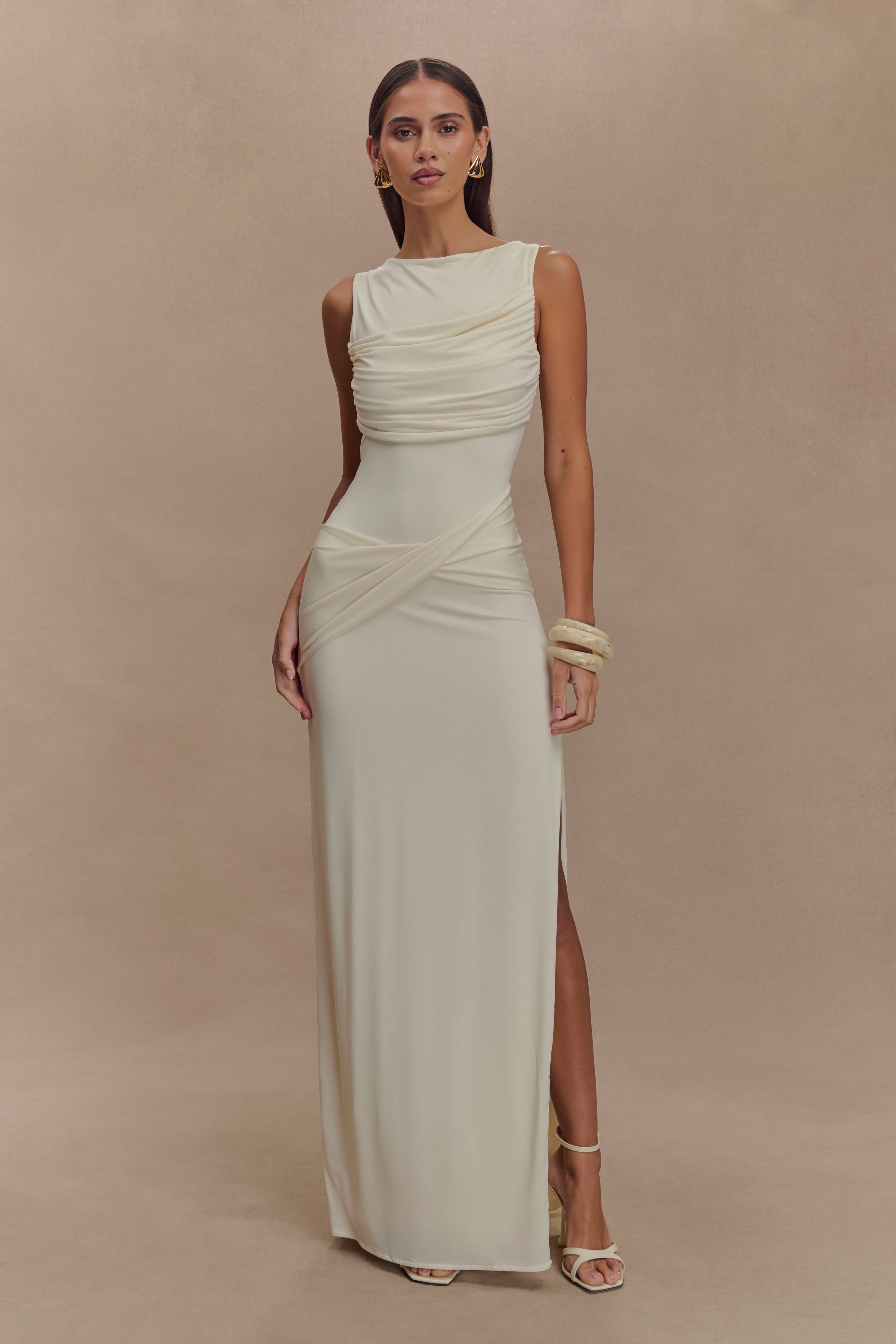 Elegant Slinky Drape Maxi Dress with Open Back | Henley Ivory