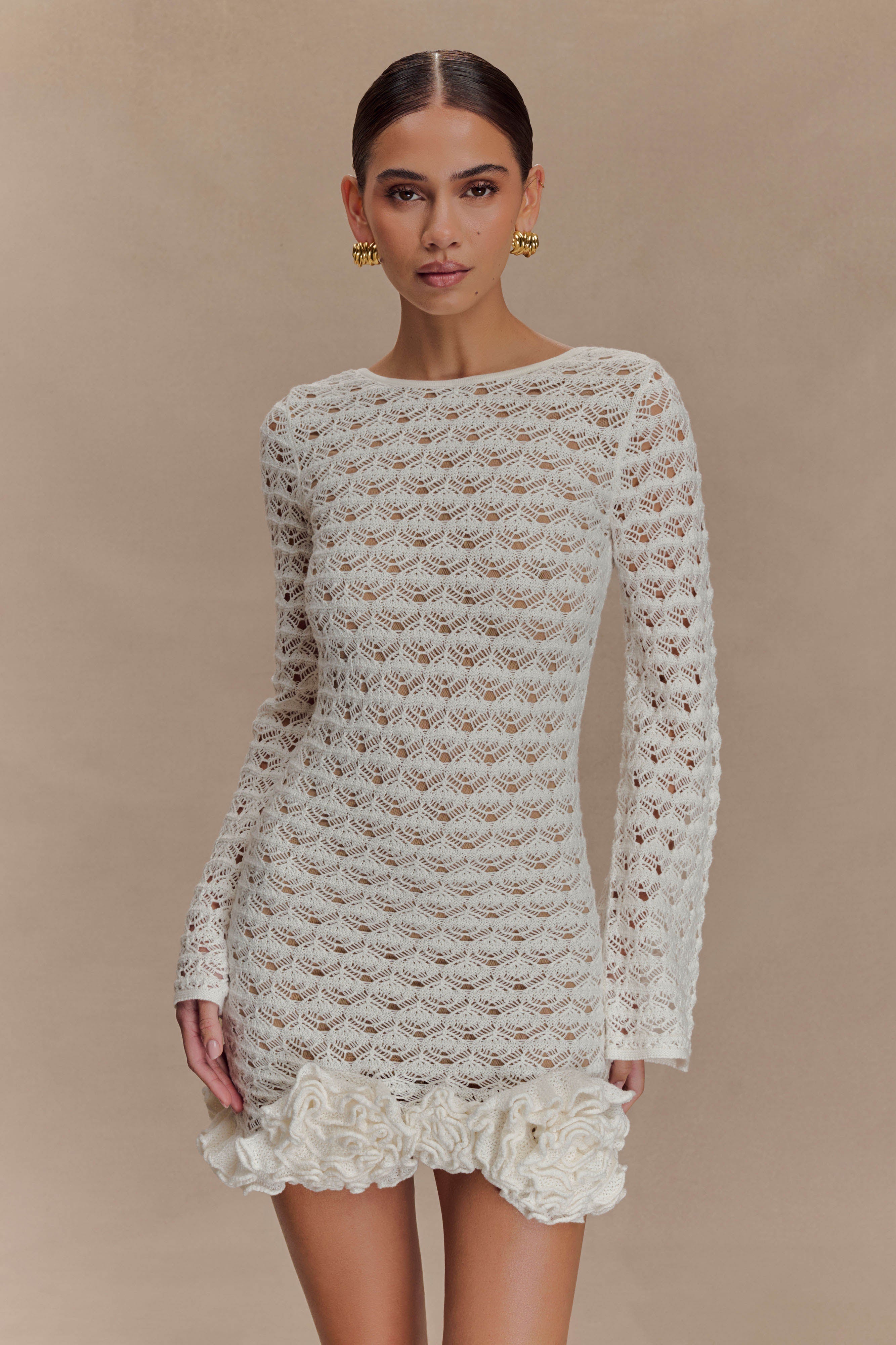 Long Sleeve Crochet Mini Dress with Ruffles & Deep V Back | Aileen