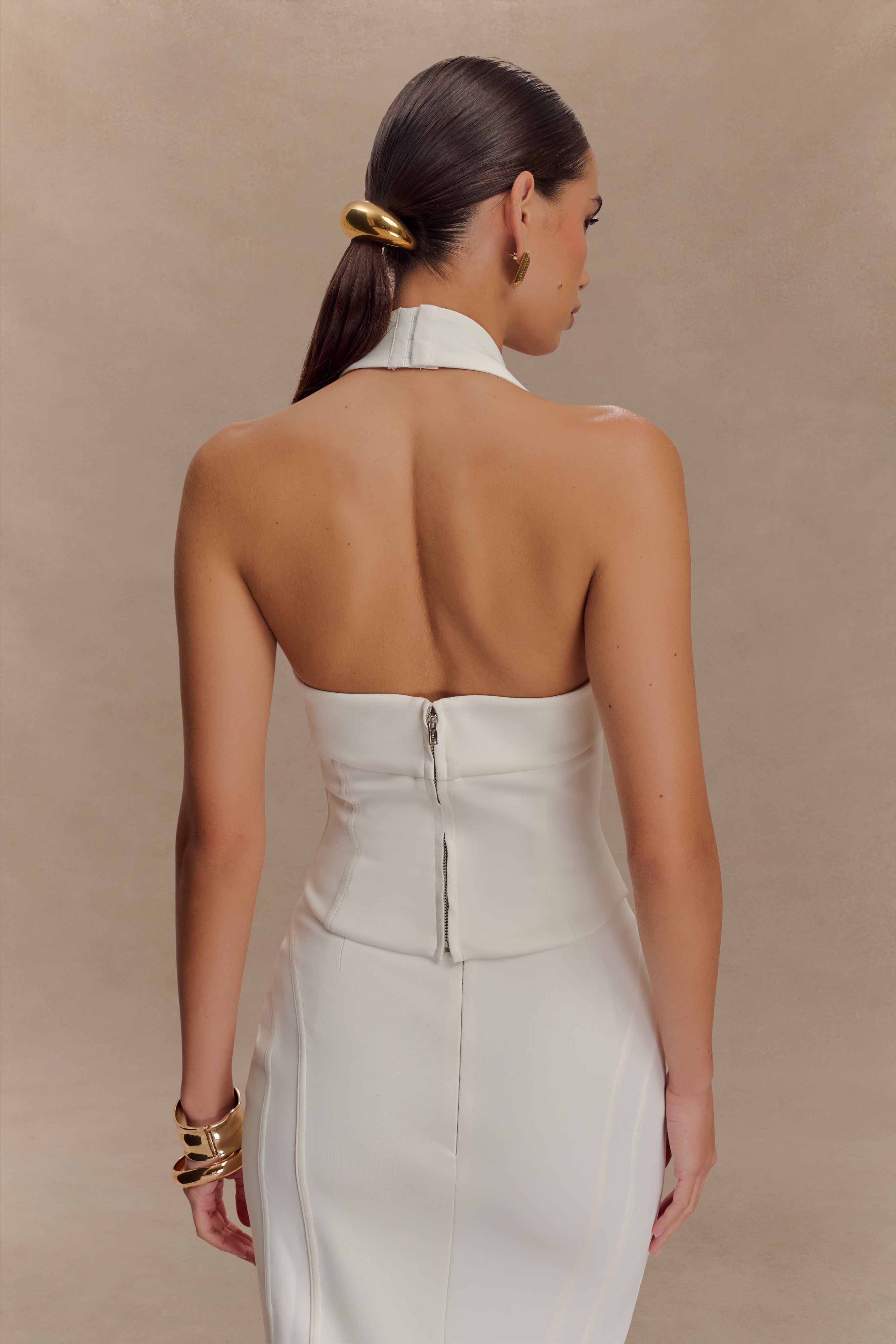 White Corset Halter Top with Boning & Back Zipper | Meadow