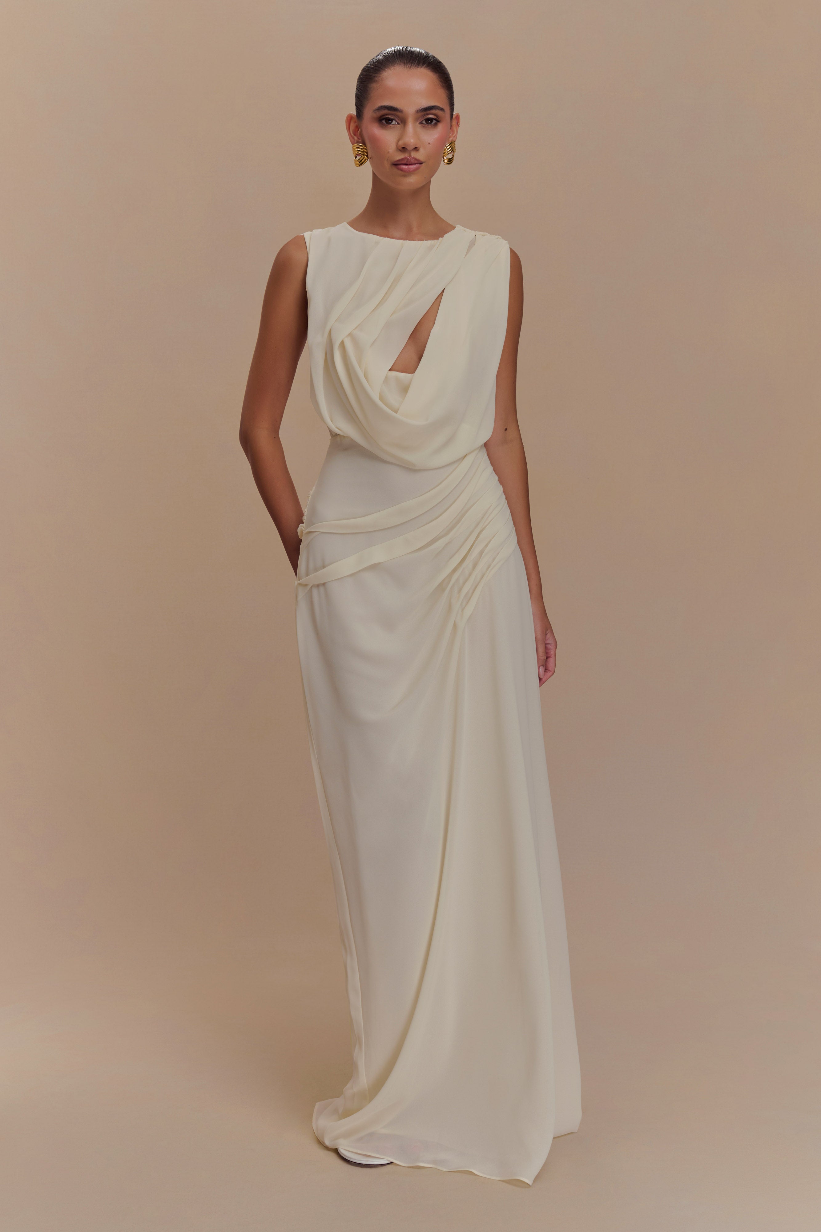 Elegant Chiffon Maxi Dress with Open Back & Cutout Detail | Oria Ivory